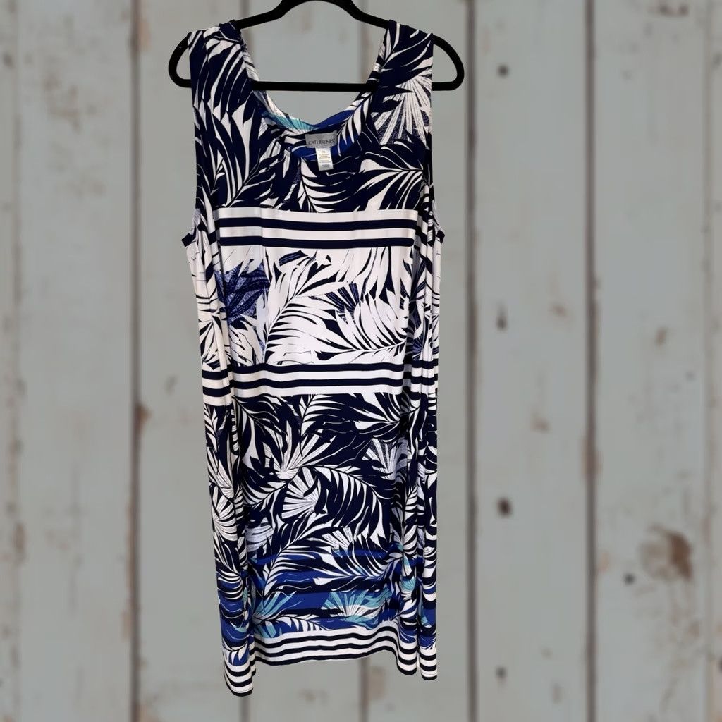 Vintage Catherine's Tropical Palm Print Sleeveless Midi Dress White Aqua Blue 3X Womens Plus Size A-Line Shift Size XXL / US 16-18 / IT 52-54 - 1 Thumbnail