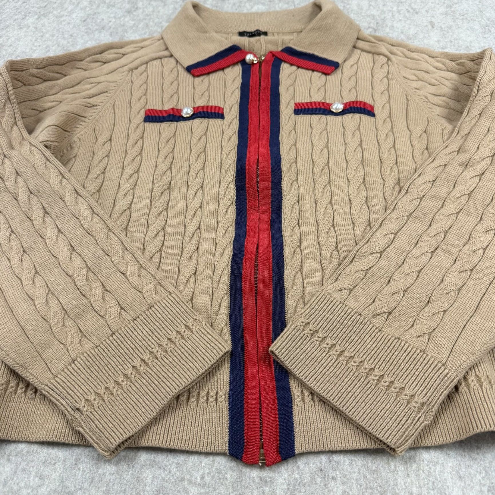 Talbots Talbots Sweater Womens XL Tan Cable Knit Zip Front Collared Cardigan Pearl Trim Size XL / US 12-14 / IT 48-50 - 6 Thumbnail