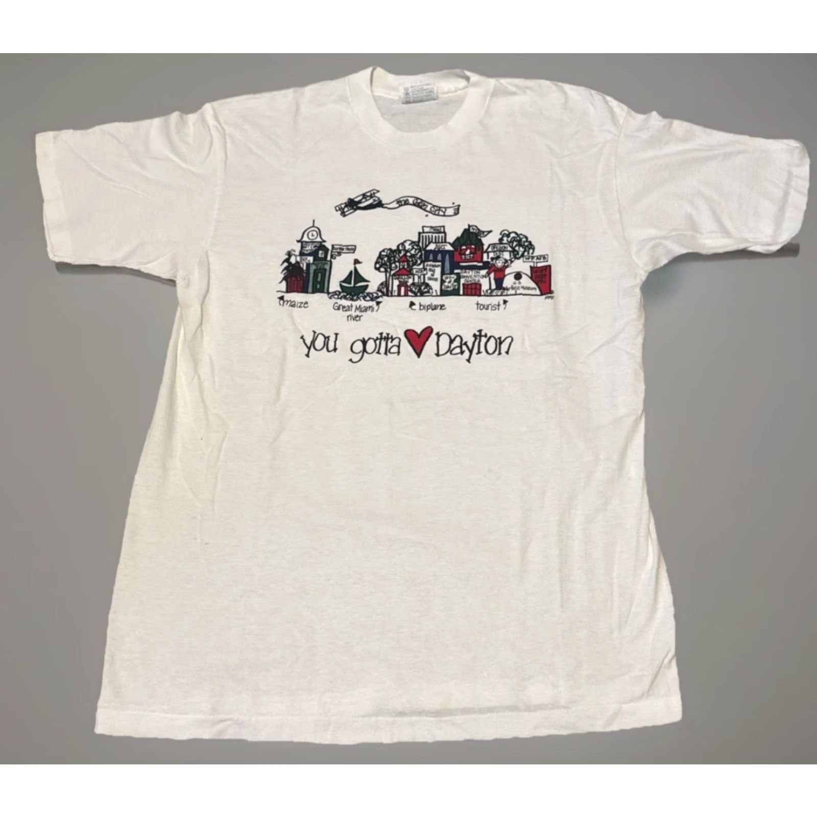 Hanes VINTAGE Hanes T-Shirt Cartoon Dayton Ohio City Art Drawing Midwest White L Men Large Shirt Mens Size US L / EU 52-54 / 3 - 2 Thumbnail