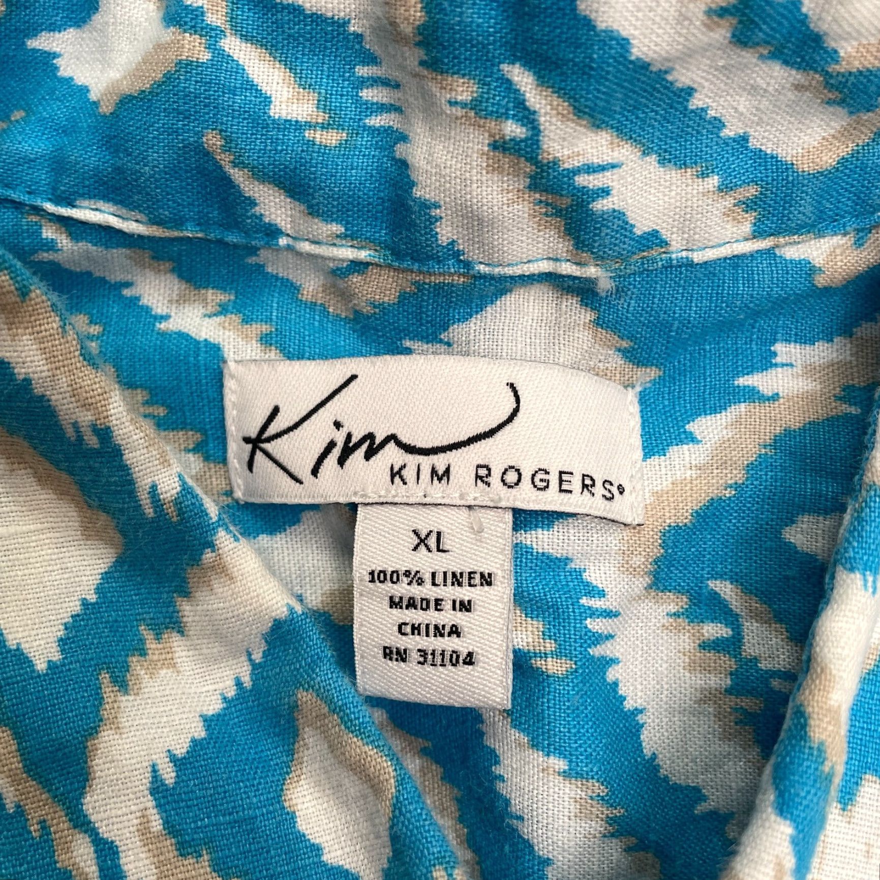 Vintage Kim Rogers Linen Button Down Shirt Womens XL Blue Geometric Aztec Short Sleeve Size XL / US 12-14 / IT 48-50 - 5 Thumbnail