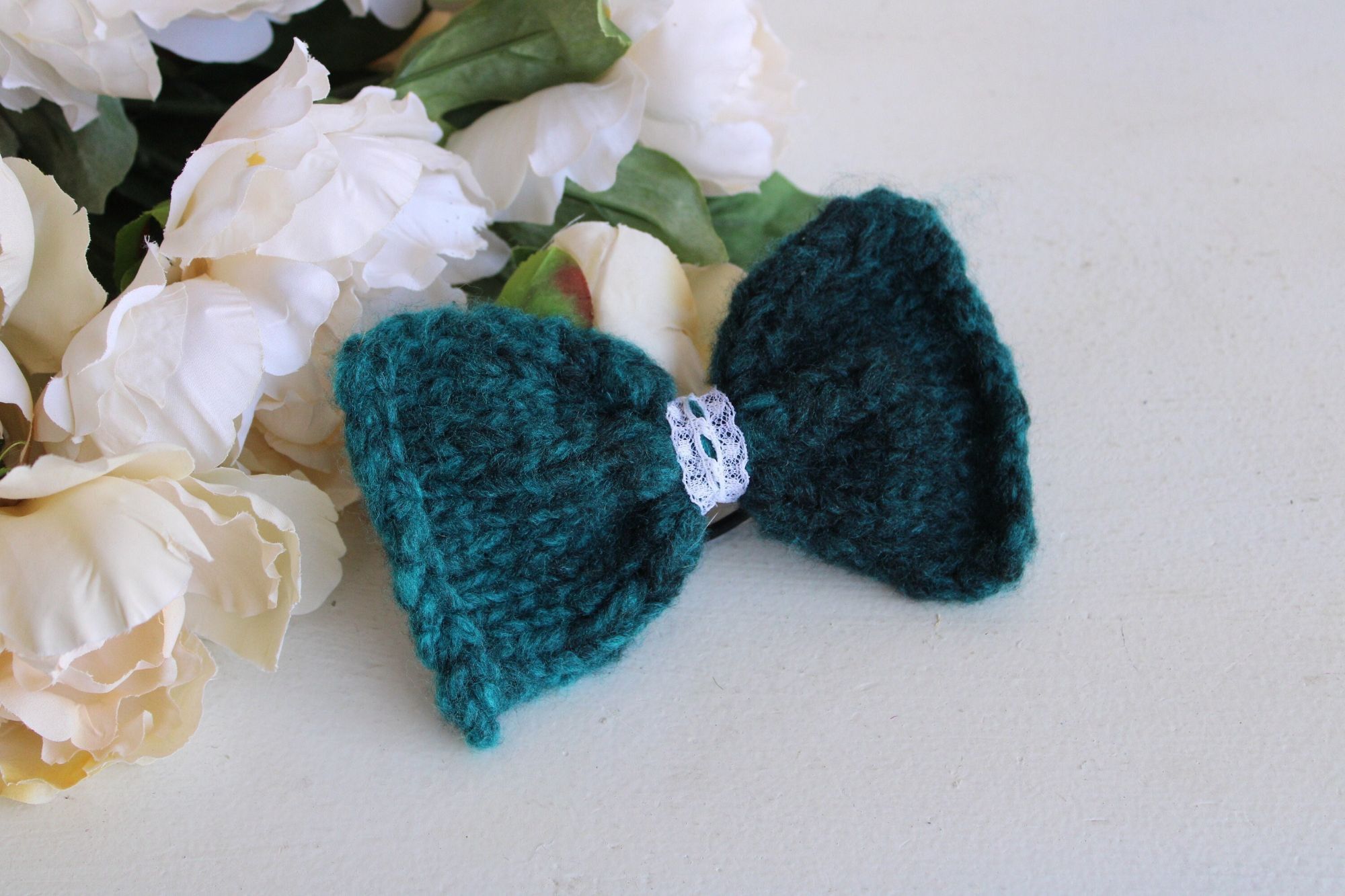 Handmade Knit Hair Bow, Handknitted Teal Ombre Ponytail Holder or Hai Size ONE SIZE - 4 Thumbnail