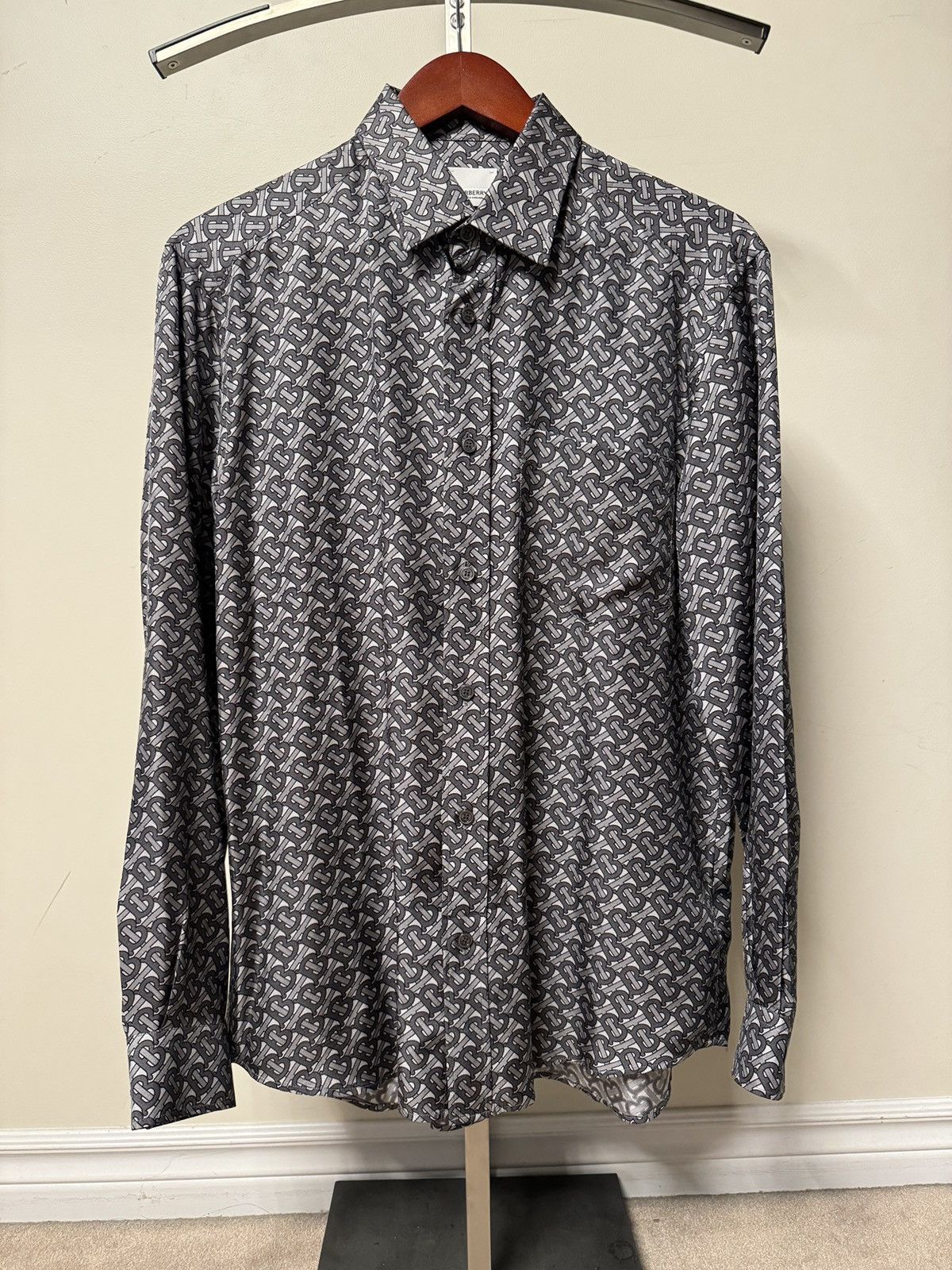 image of Burberry Tb Logo Printed Silk Shirt S/15/38 in Brown, Men's (Size Small)