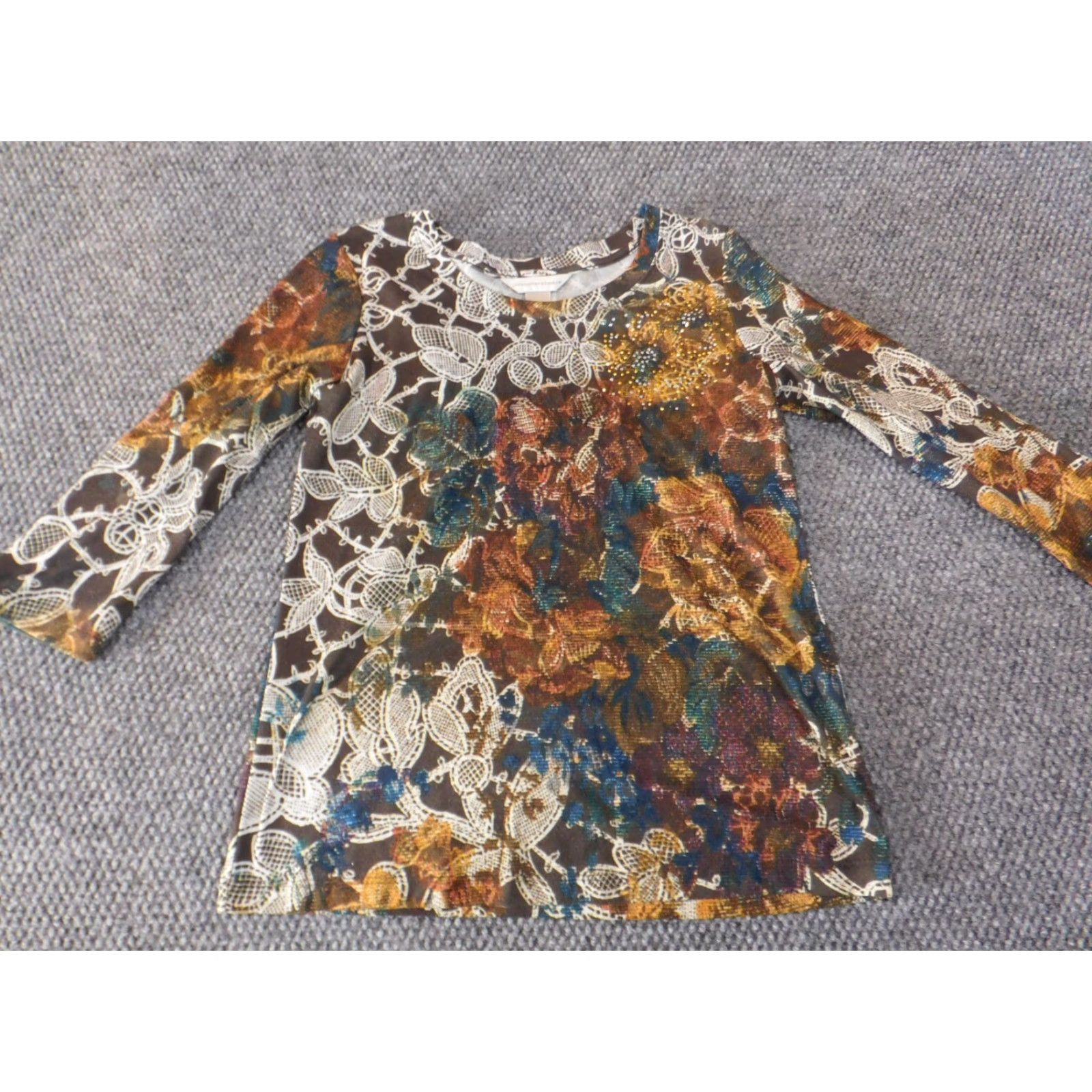 Vintage CJ Top Womens Blouse Small Brown Floral Stretch Long Sleeve Round Neck Casual Shirt Size S / US 4 / IT 40 - 3 Thumbnail