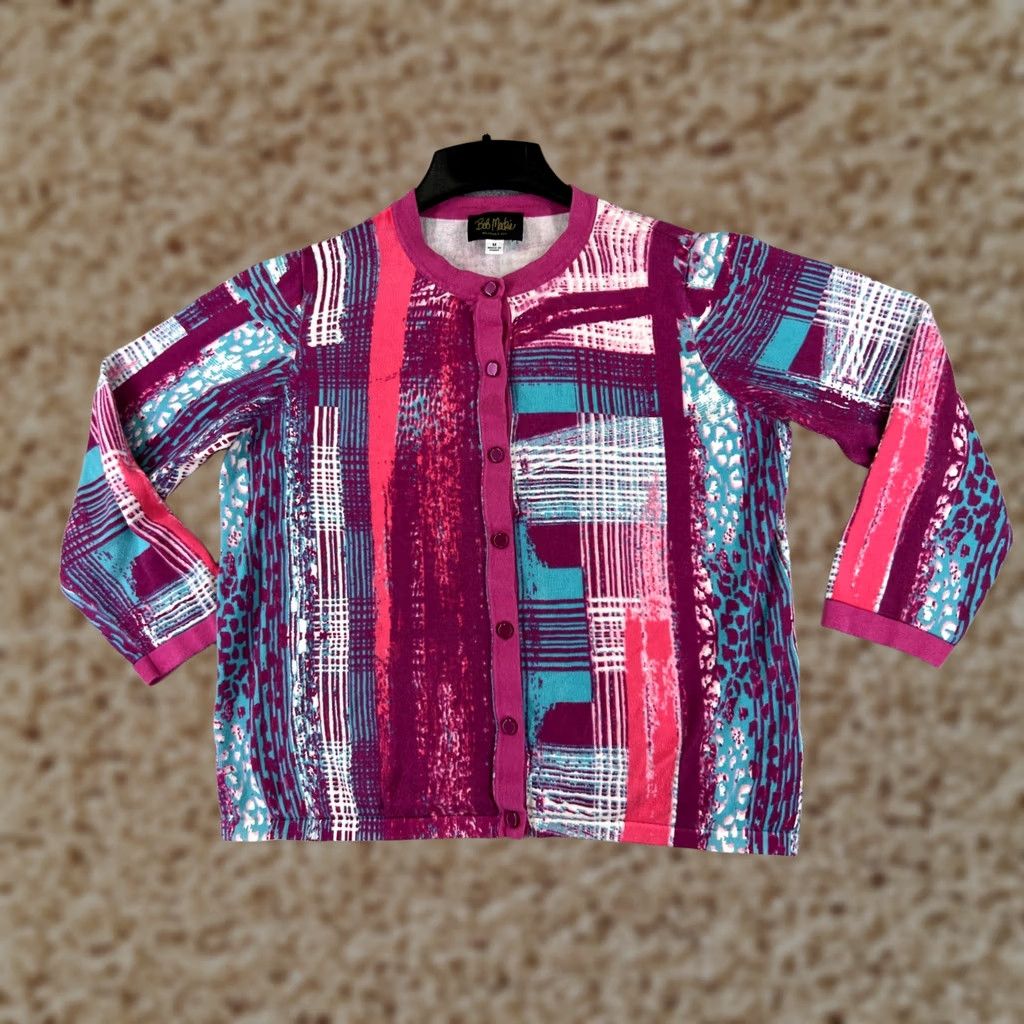 Bob Mackie VINTAGE Bob Mackie Sweater Womens Medium Purple Blue Button Up 90's Polyester Knit Cardigan Mens Womens Girls Size M / US 6-8 / IT 42-44 - 1 Thumbnail