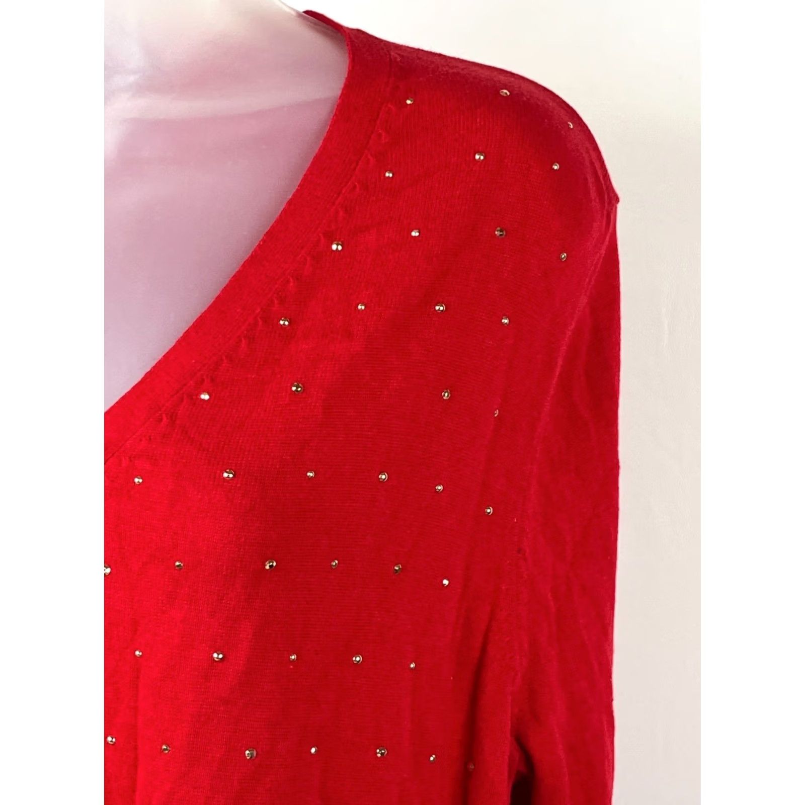 Tommy Hilfiger Tommy Hilfiger Sweater Womens XL Red V Neck Long Sleeve Studded Cotton Knit Size XL / US 12-14 / IT 48-50 - 3 Thumbnail