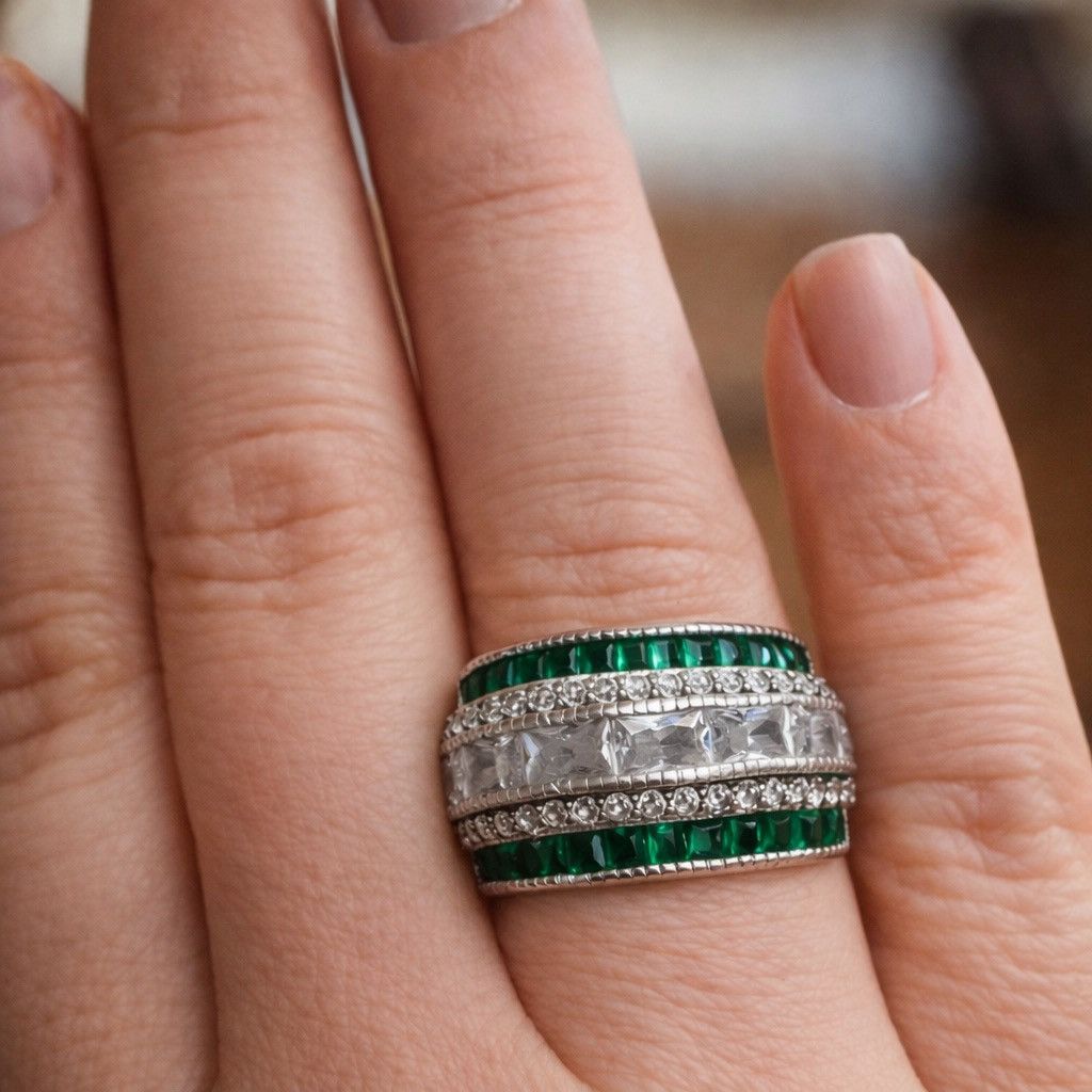 Other 925 Sterling Silver Emerald Green Clear CZ Band Ring Size 6 Size ONE SIZE - 1 Thumbnail