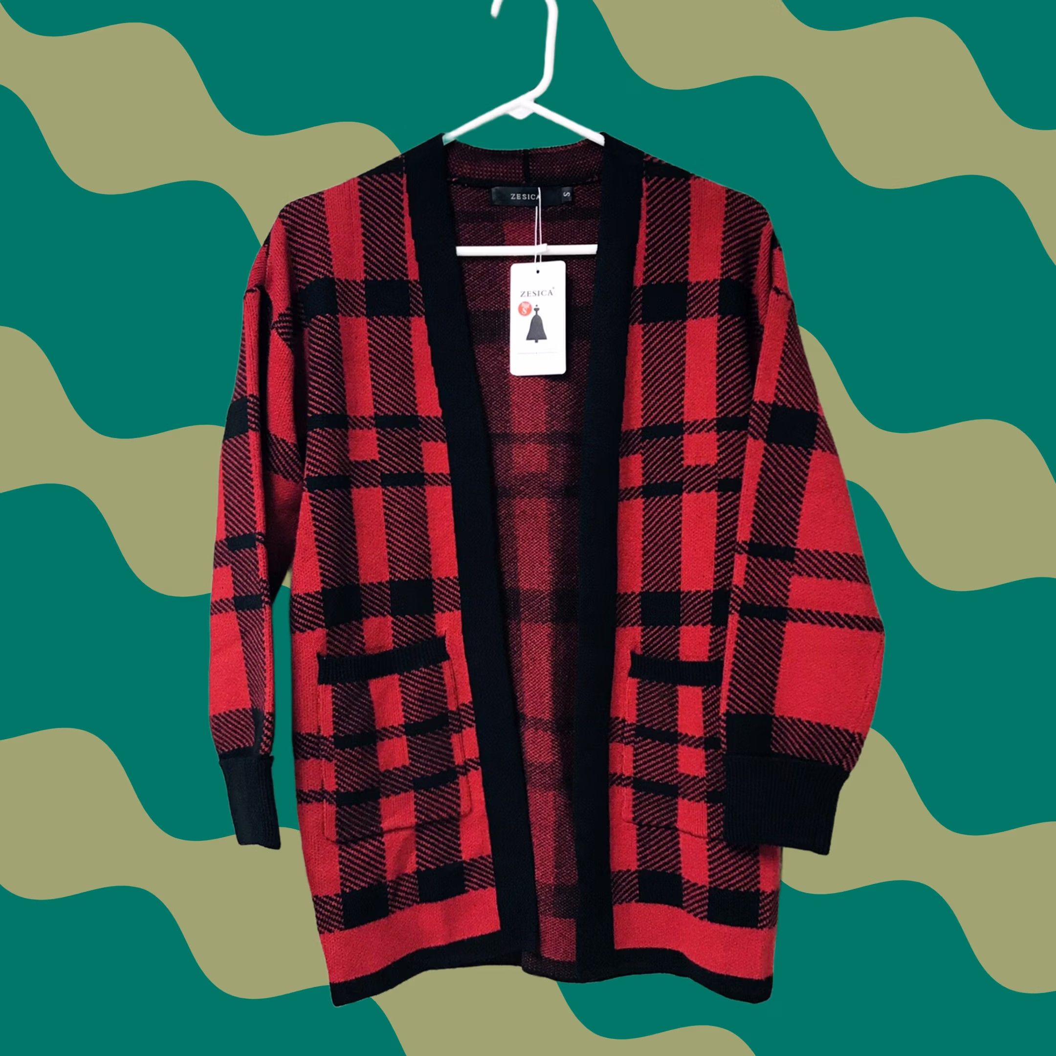 Vintage Zesica Cardigan Sweater Women Red/Black Buffalo Check Plaid Knit Open Front S Size S / US 4 / IT 40 - 1 Thumbnail
