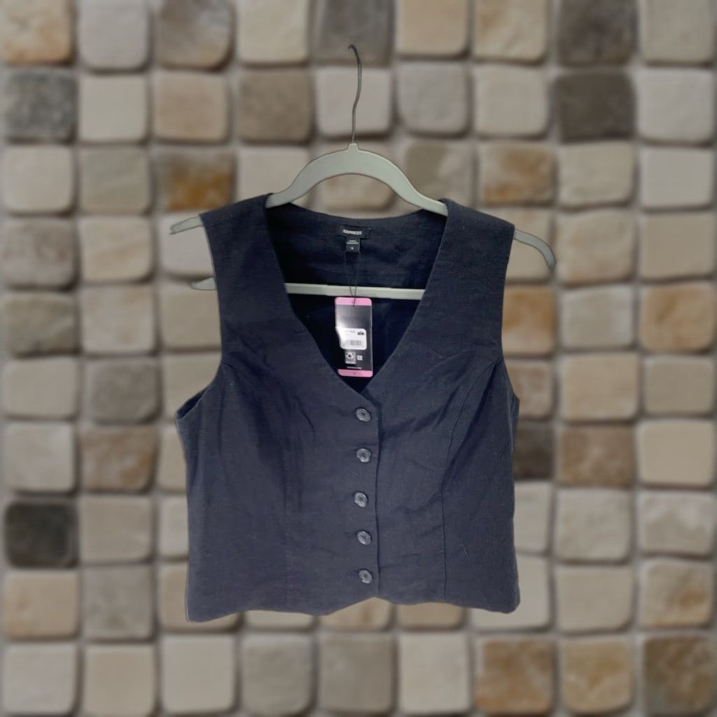 Express Express Linen Vest Womens Size Small Black Button Front V-Neck Classic Look NWT Size S / US 4 / IT 40 - 1 Thumbnail