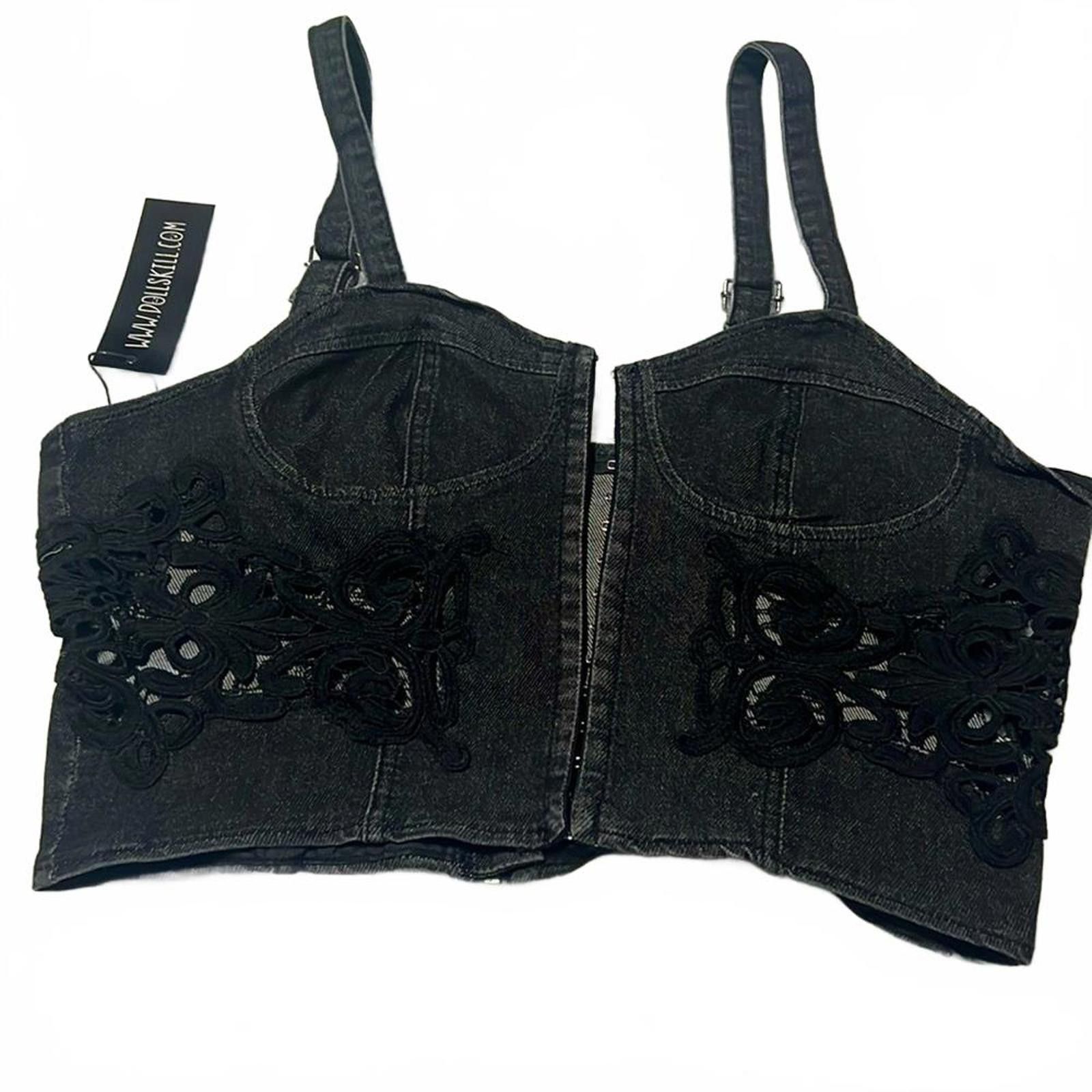 Designer Boho harmony corset crop top denim lace vintage lace crochet Size XXL / US 16-18 / IT 52-54 - 1 Thumbnail