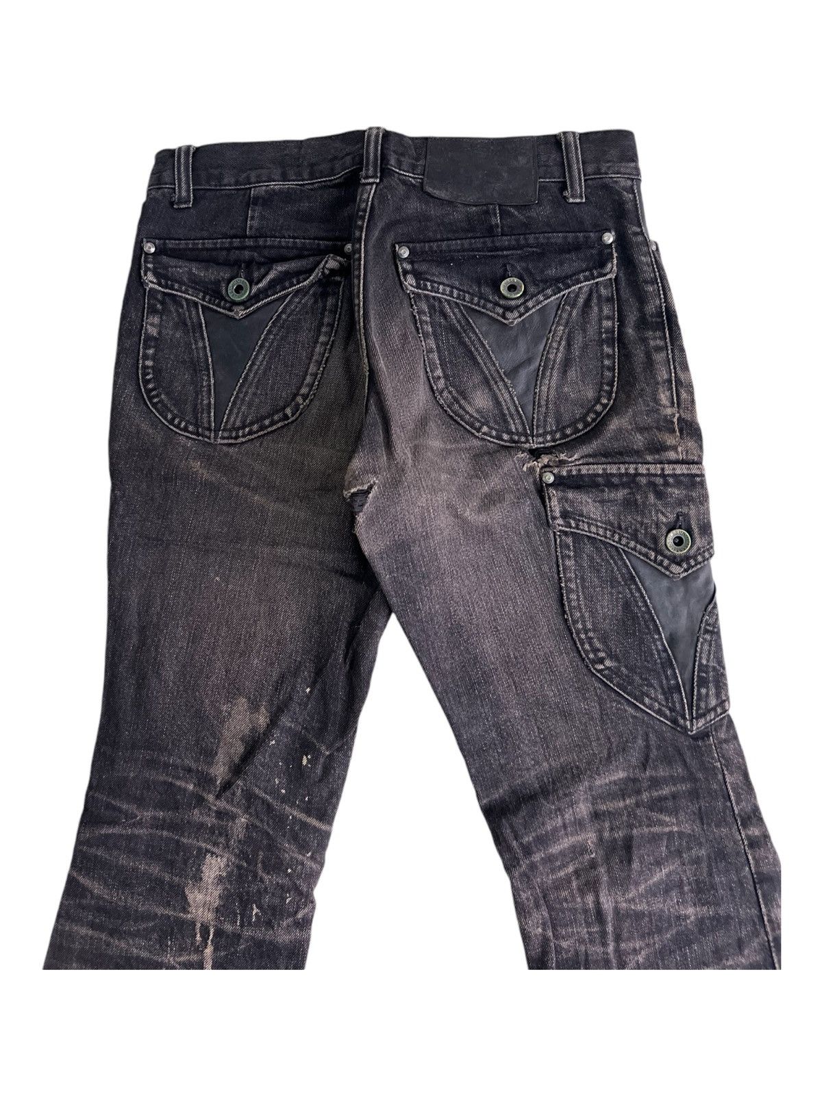 5351 POUR LES HOMMES Y2K Super Flare Dirty Bleach Leather Cargo Mud Wash Jeans Size US 28 / EU 44 - 4 Thumbnail