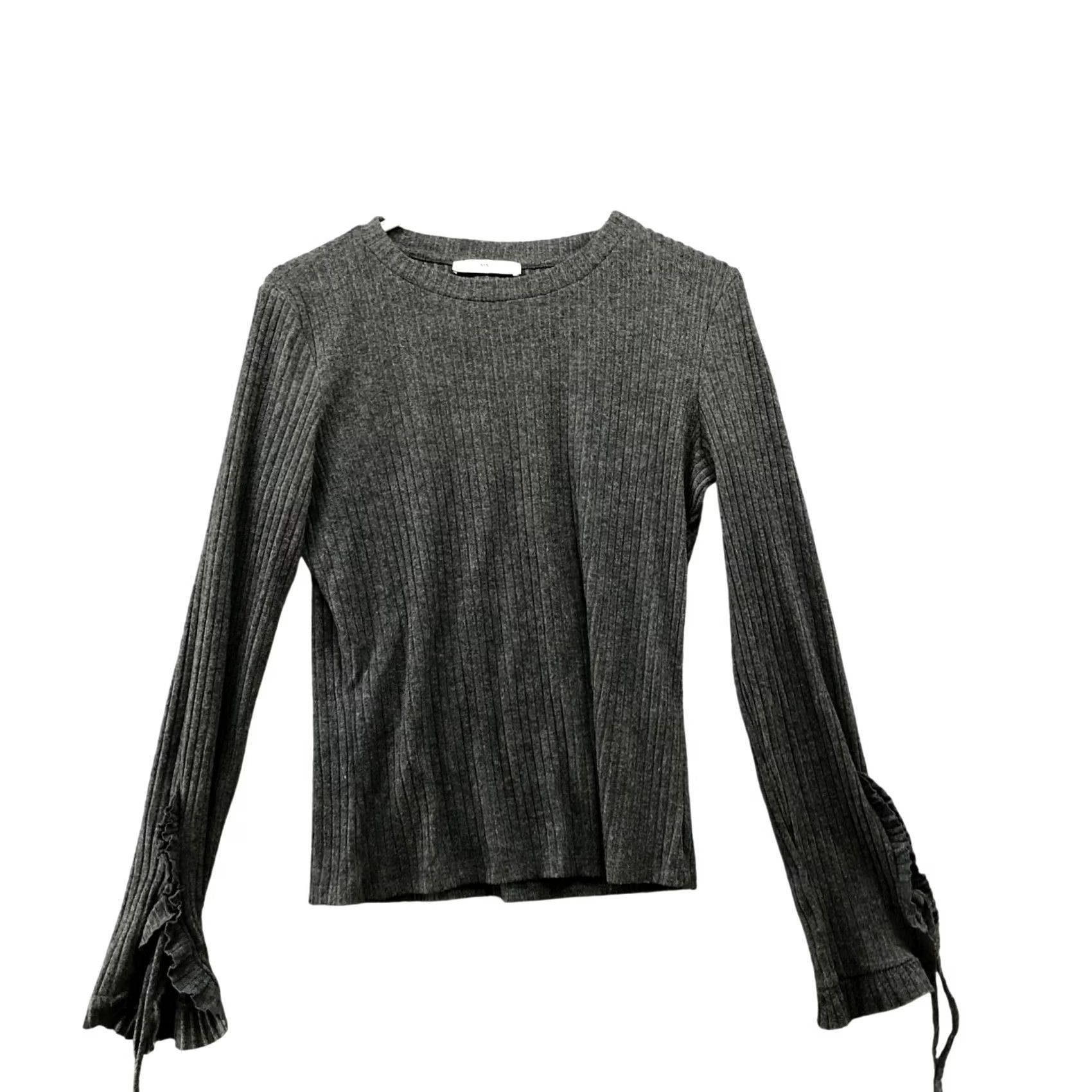 Mango MNG Mango Ribbed Knit Long Sleeve T Shirt Womens S Gray Ruffle Tie Sleeve Crewneck Regular Fit Casual Size S / US 4 / IT 40 - 2 Thumbnail