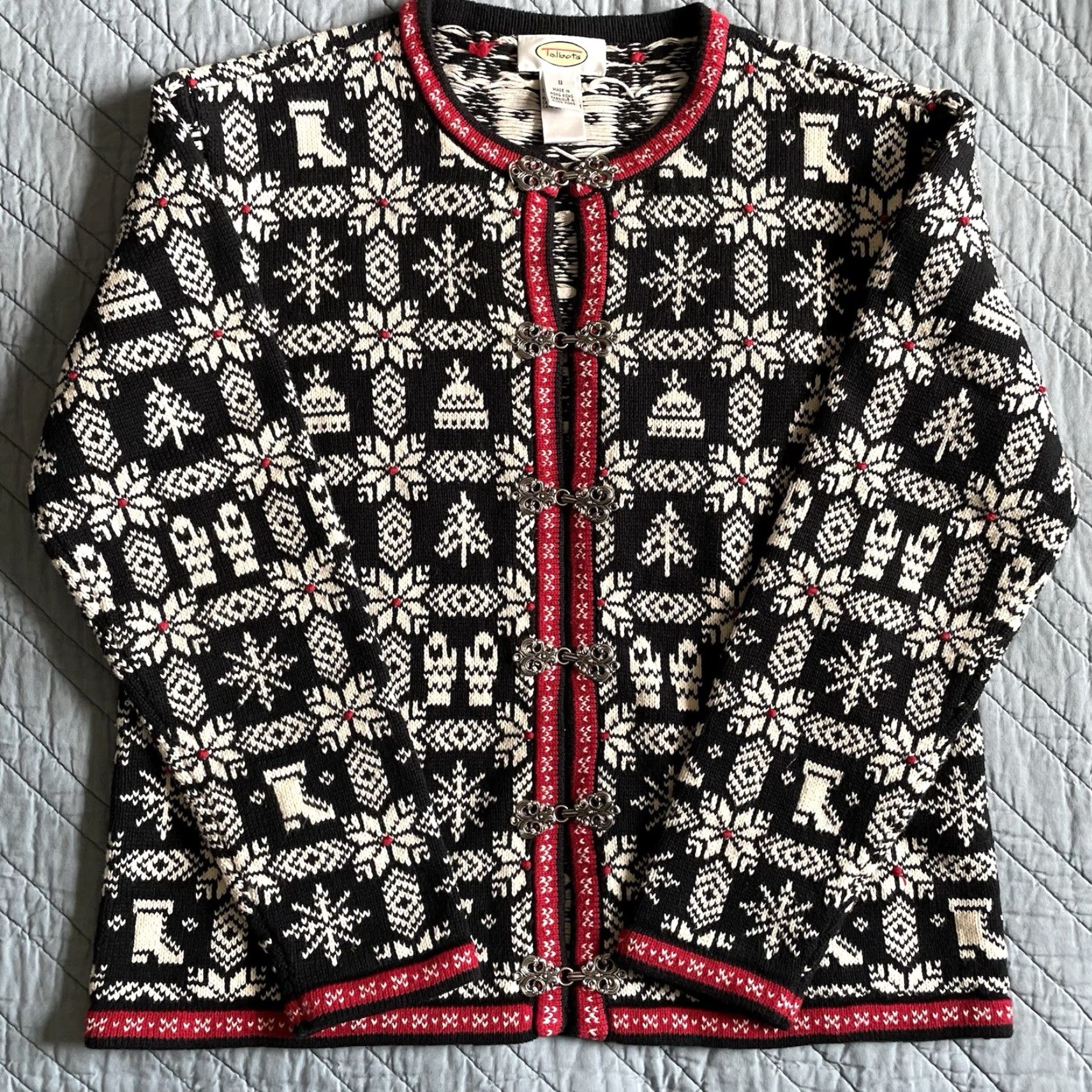 Talbots VTG Talbots Nordic Fair Isle Snowflake Button Up Sweater Cardigan S Black Cotton Size S / US 4 / IT 40 - 3 Thumbnail