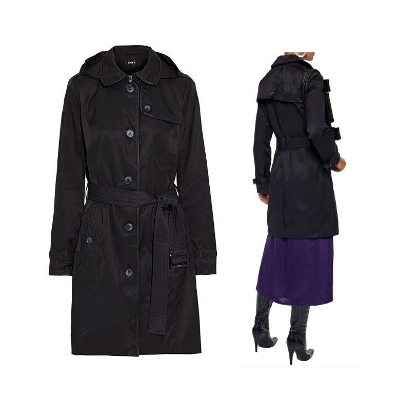 DKNY ⭐DKNY Womens Black Hooded Trench Coat Sz S Faux Leather Trim Size S / US 4 / IT 40 - 1 Thumbnail