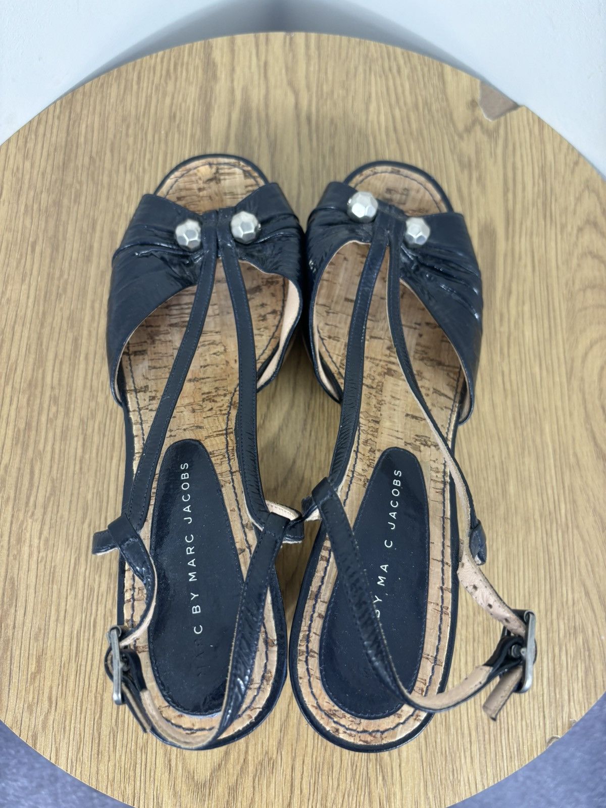 Marc by Marc Jacobs Marc By Marc Jacobs Navy Leather Cork Block Heel Sandals Size US 9.5 / IT 39.5 - 18 Thumbnail