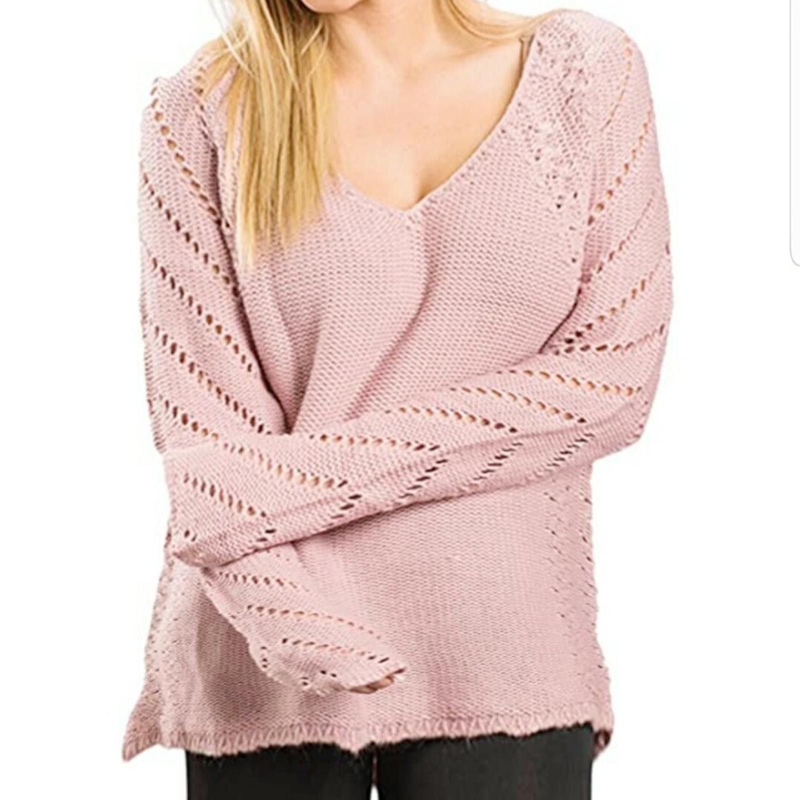 The Unbranded Brand Light Pink Knit Sweater with V-Neck and Eyelet Pattern sz L Size ONE SIZE - 1 Thumbnail