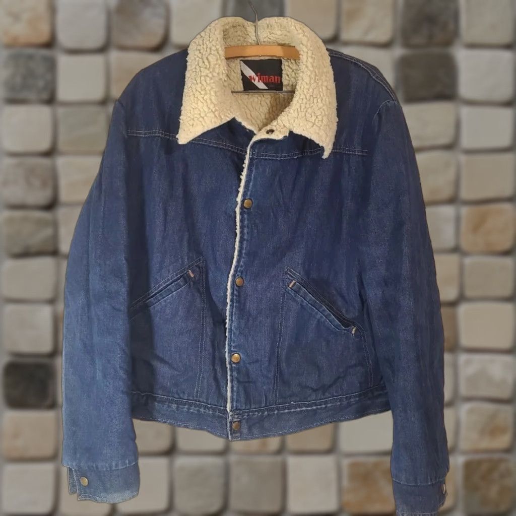 Wiman Mens Sherpa Jean Jacket Denim USA Trucker Pockets Vintage L