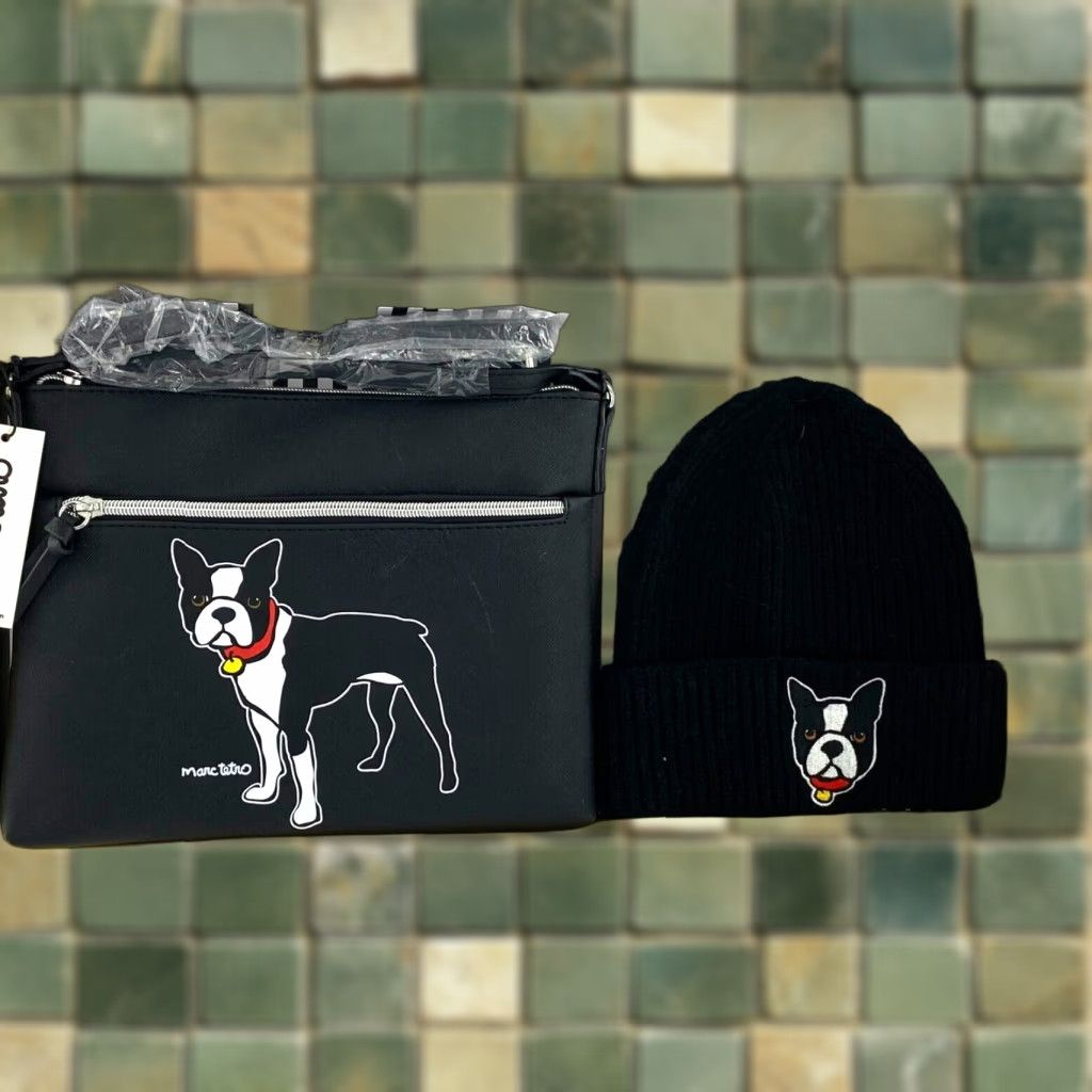 Vintage Marc Tetro Boston Terrier Crossbody Bag & Beanie Hat Gift Set - Medium Black - Designer Dog Theme - Womens in White
