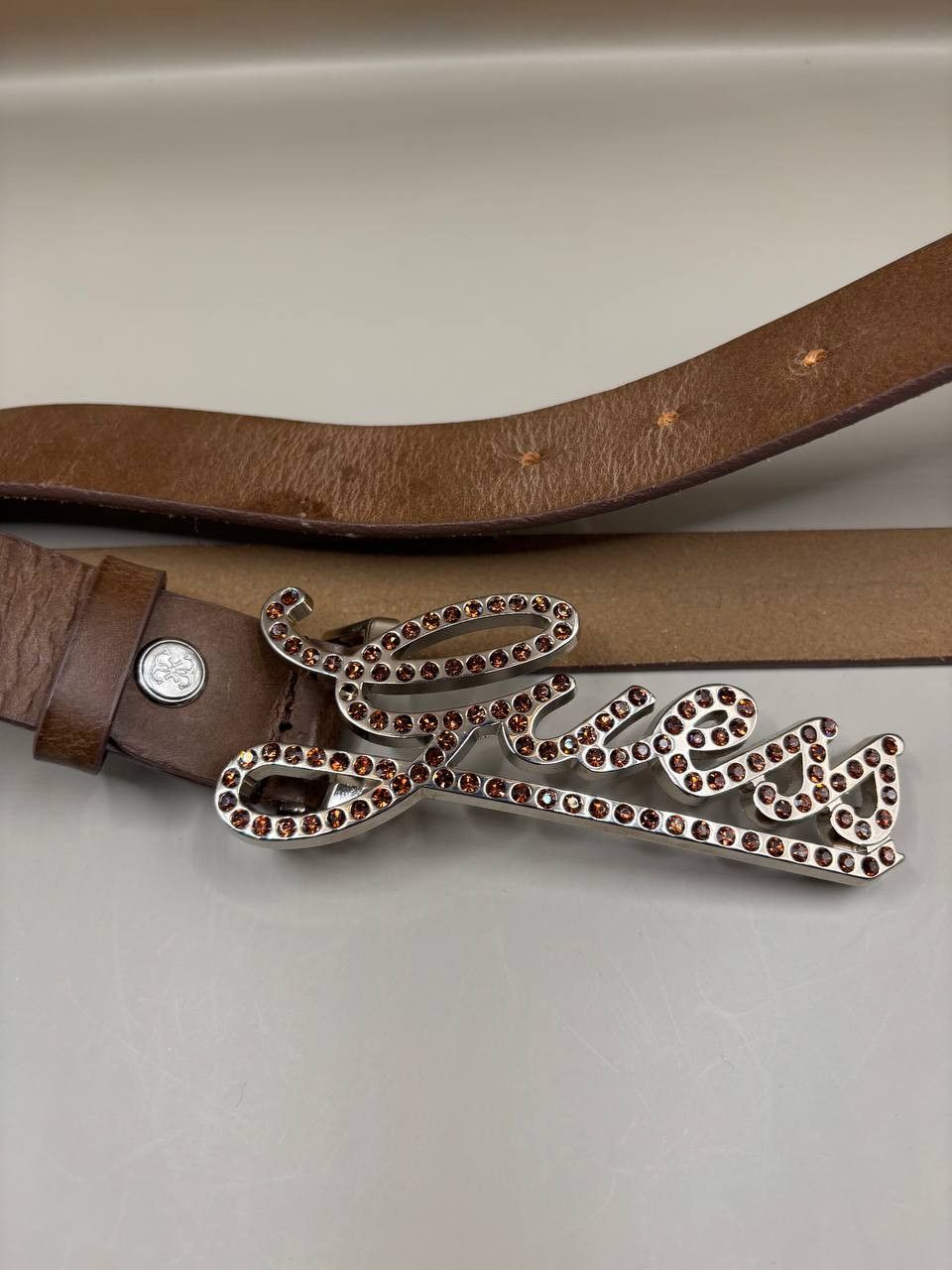 Guess GUESS Brown Leather Rhinestone Logo Belt Size S Size ONE SIZE - 5 Thumbnail