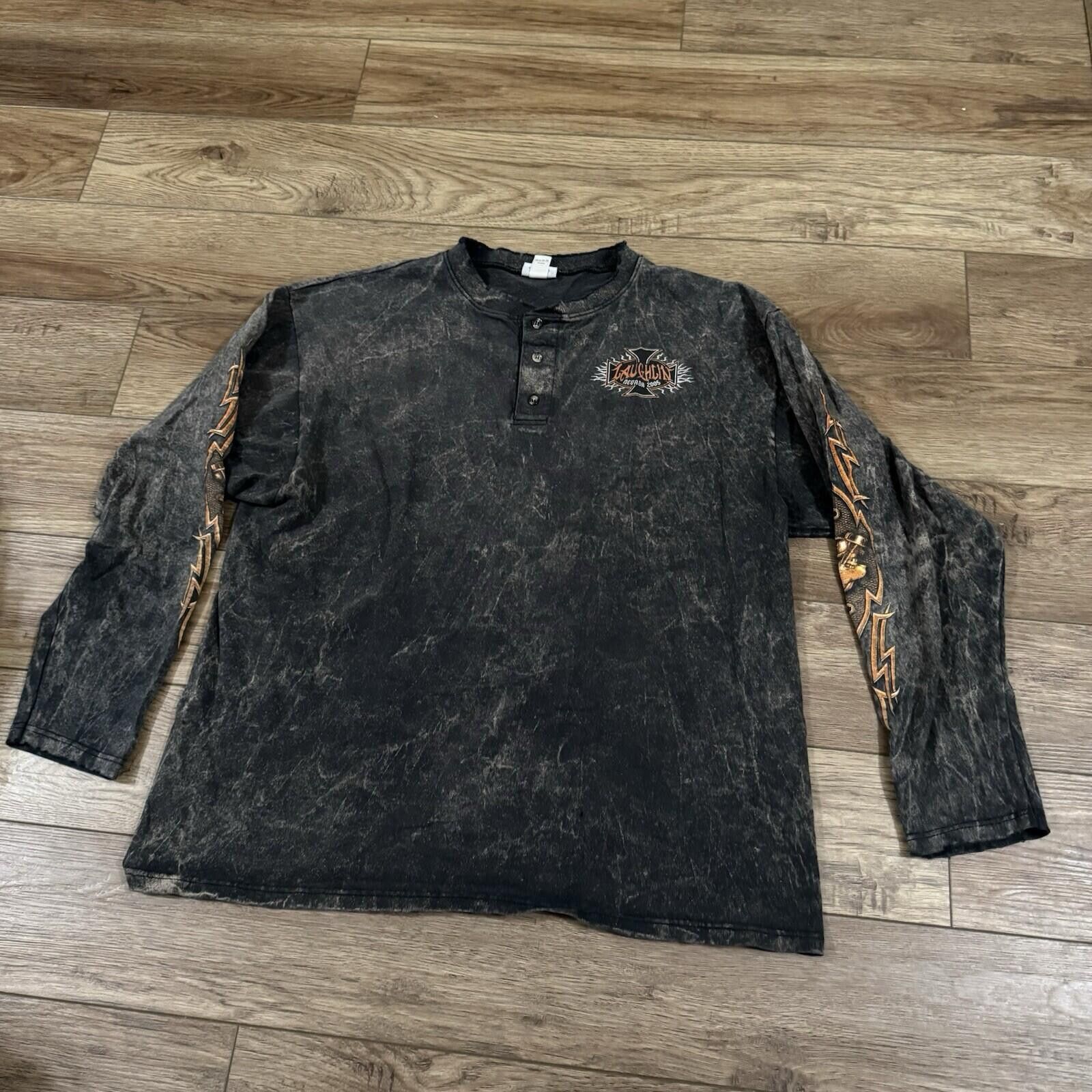 Anvil Vintage Y2K Black Acid Wash Laughlin Biker Henley Shirt Size US XL / EU 56 / 4 - 1 Thumbnail