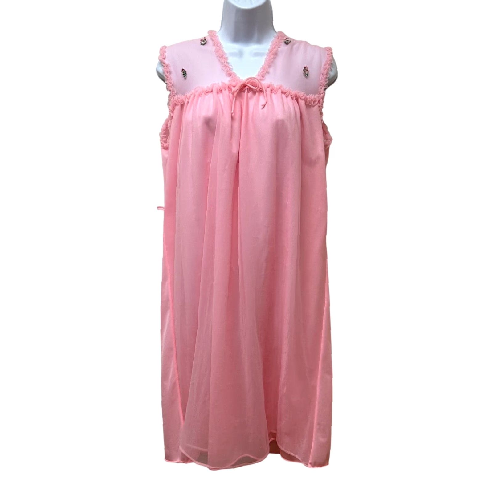 Vintage VINTAGE Nightgown Nylon Tricot Lace Double Layer Sheer Chiffon Overlay Size M Pink Nightgown Size ONE SIZE - 2 Thumbnail