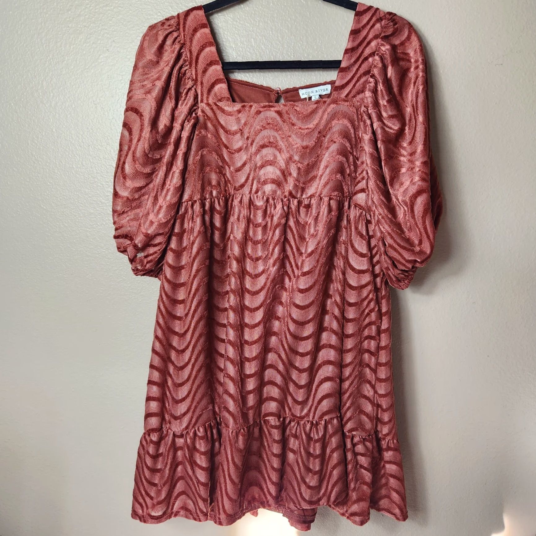 Vintage Moon River Rust Square Neck Half Puff Sleeve Mini Velvet Dress-Size L (NWT) Womens Bohemian Autumn Party/Cocktail Velvet Mini Dress Size L / US 10 / IT 46 - 4 Thumbnail