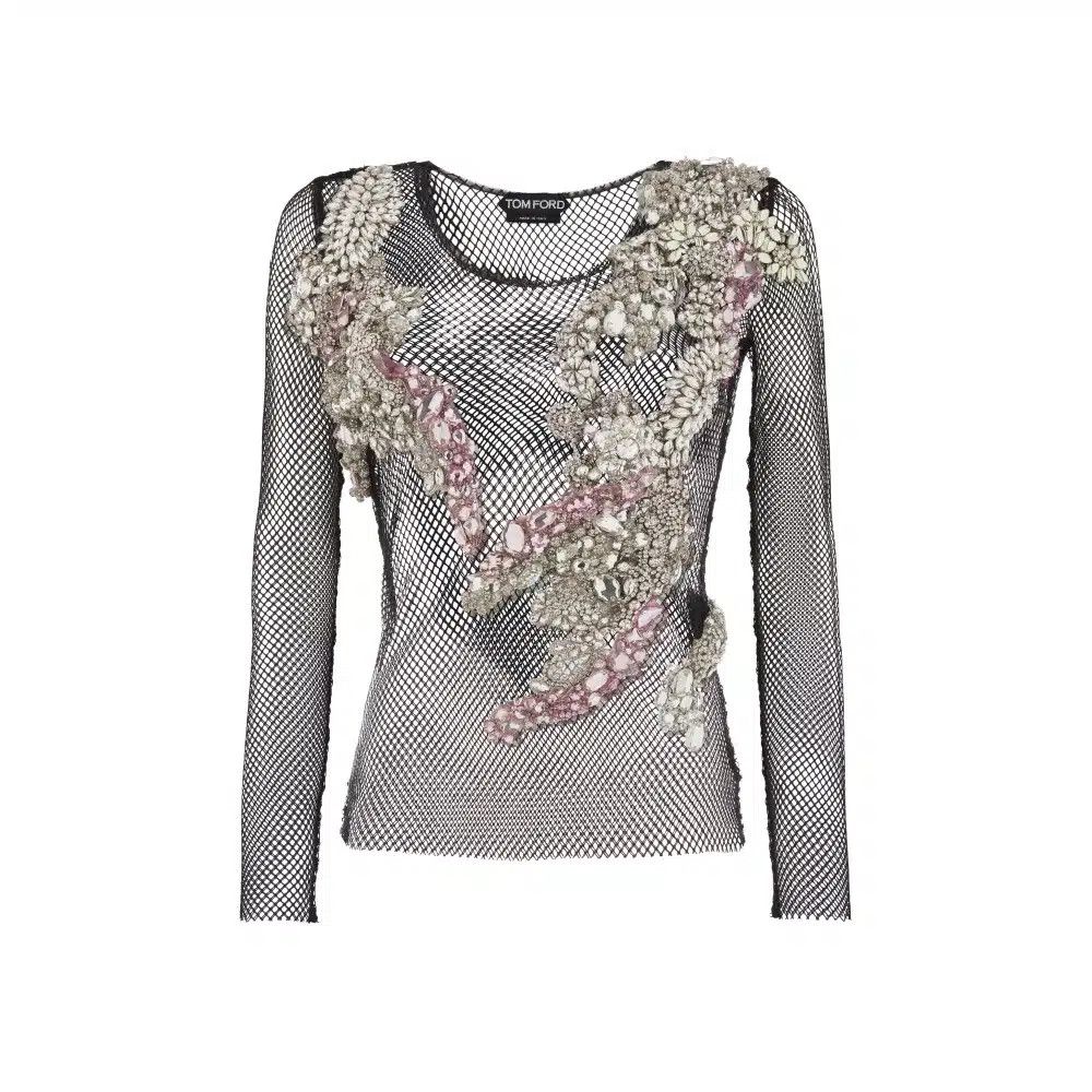 Tom Ford o1loc1c0725 TS2032 Crystal Embroidered Top in Black Size XS / US 0-2 / IT 36-38 - 1 Preview