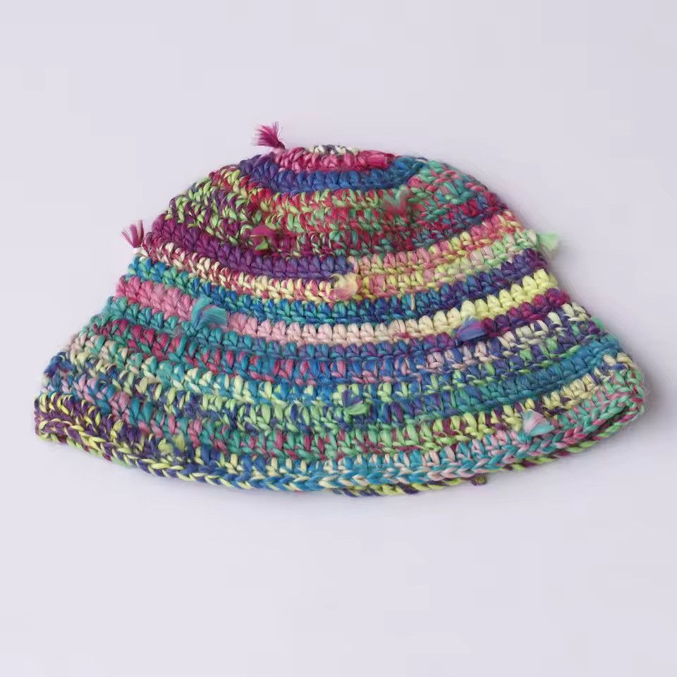 Japanese Brand Retro Color-blocked Striped Woolen Hand-knitted Bucket Hat Size ONE SIZE - 1 Thumbnail