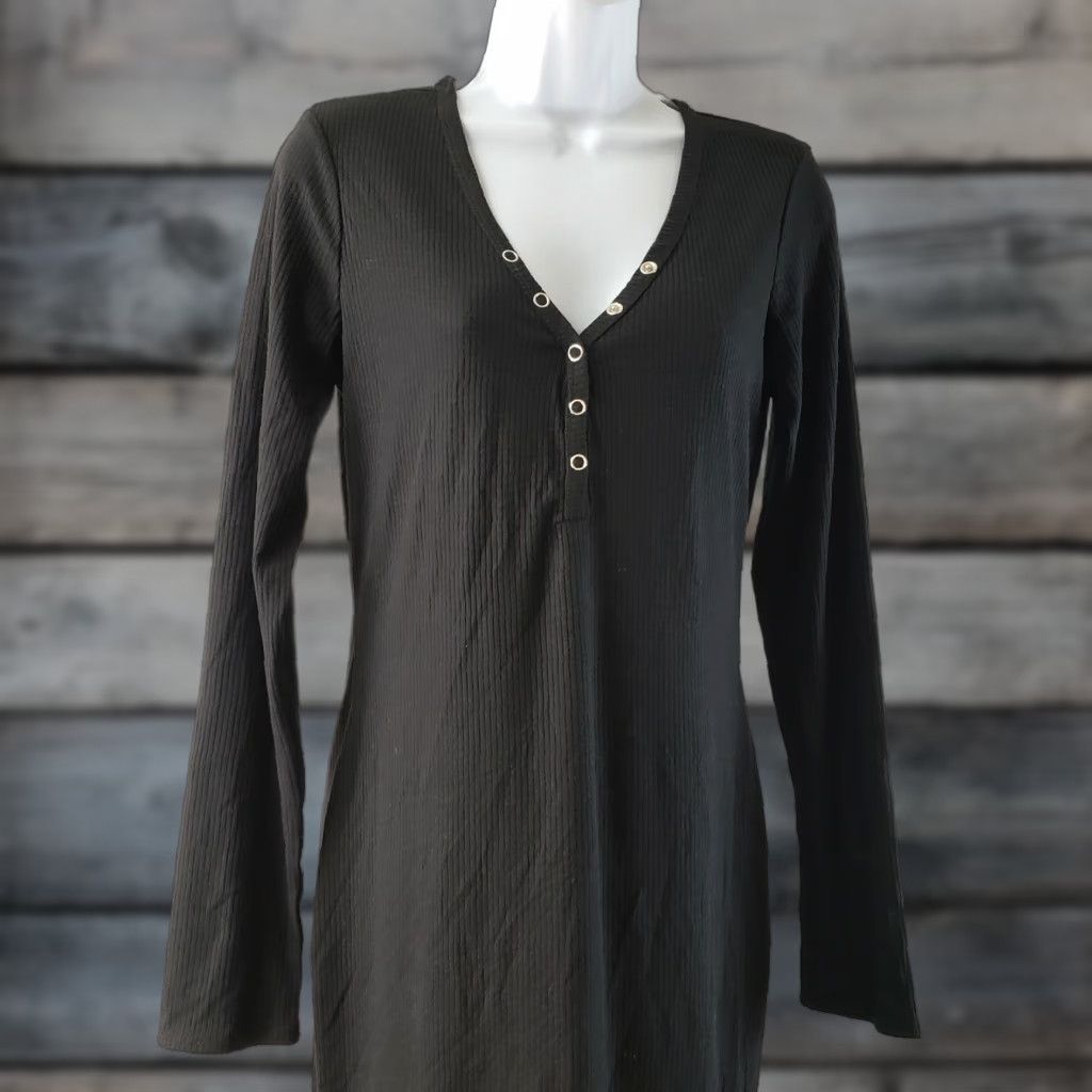 Vintage Wild Fable Womens Dress Solid Black Ribbed Long Sleeve Midi V-Neck Pullover XS S M L Shift Casual Regular 60%polyester 32%rayon 8%spandex Womens Dress Size S / US 4 / IT 40 - 1 Thumbnail