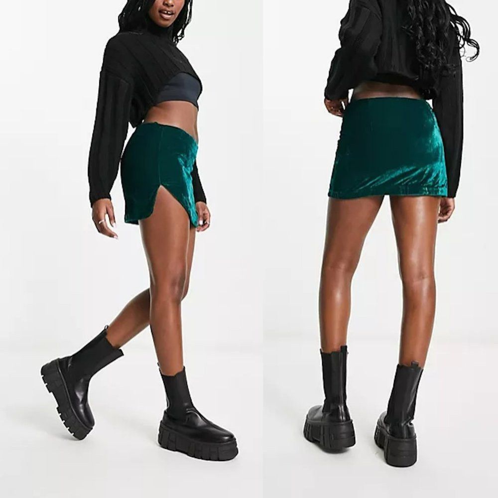 Free People NWT New Free People Annalise Deep Teal Green Velvet Mini Sk Size 34" / US 12 / IT 48 - 1 Thumbnail