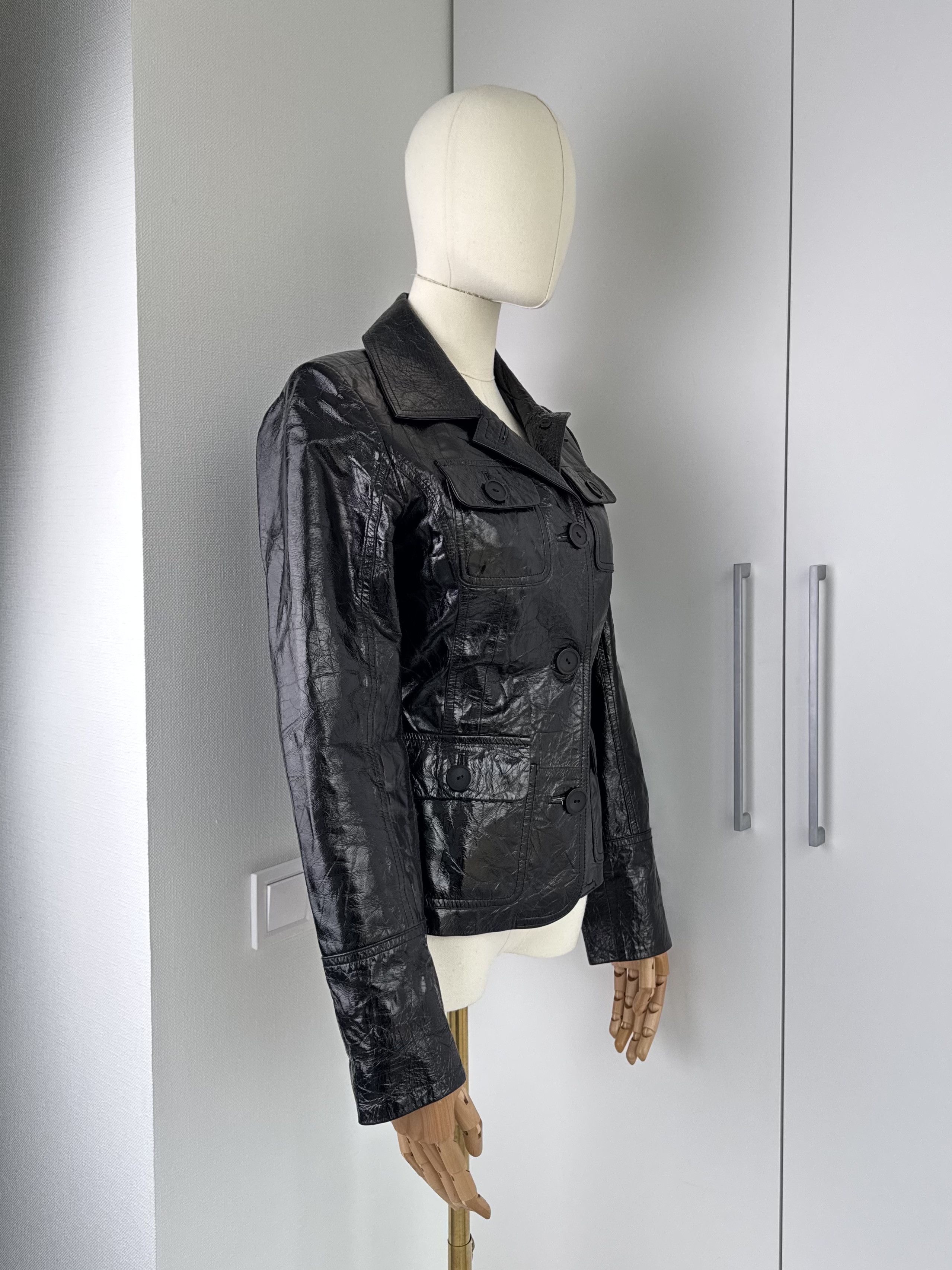 Vintage Women Black Leather Jacket Y2K Vintage Button Up Fitted Size XS / US 0-2 / IT 36-38 - 2 Thumbnail
