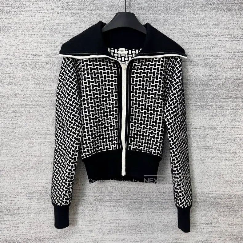 Hermes Hermes Black and White Woven Print Knit Jacket Size XXS / US 00 / IT 34 - 2 Thumbnail