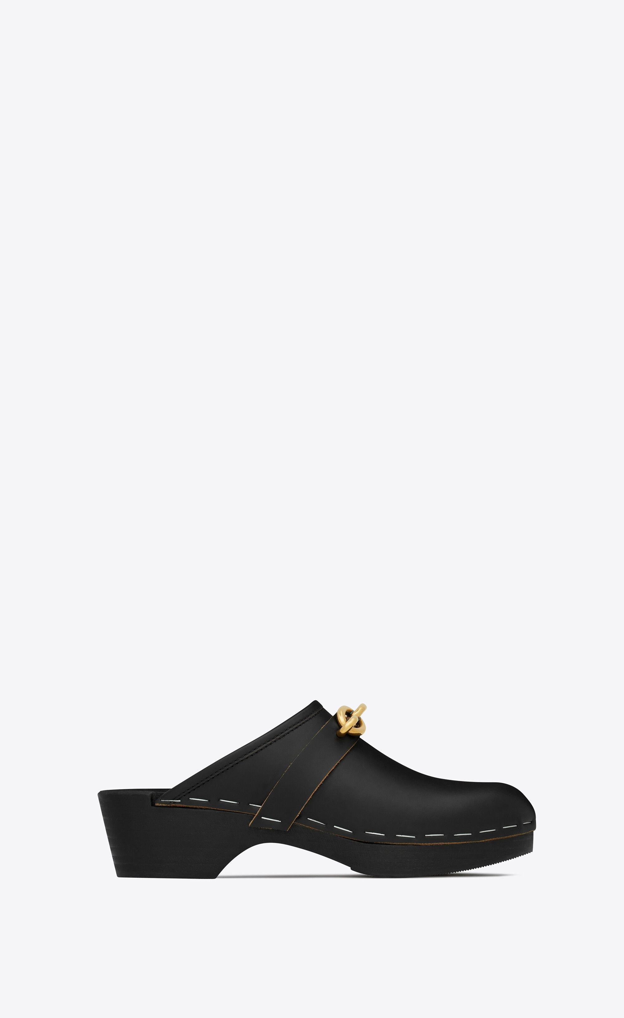 Saint Laurent Paris Le Maillon Clogs In Smooth Leather Shoes in Black, Women's (Size 6)