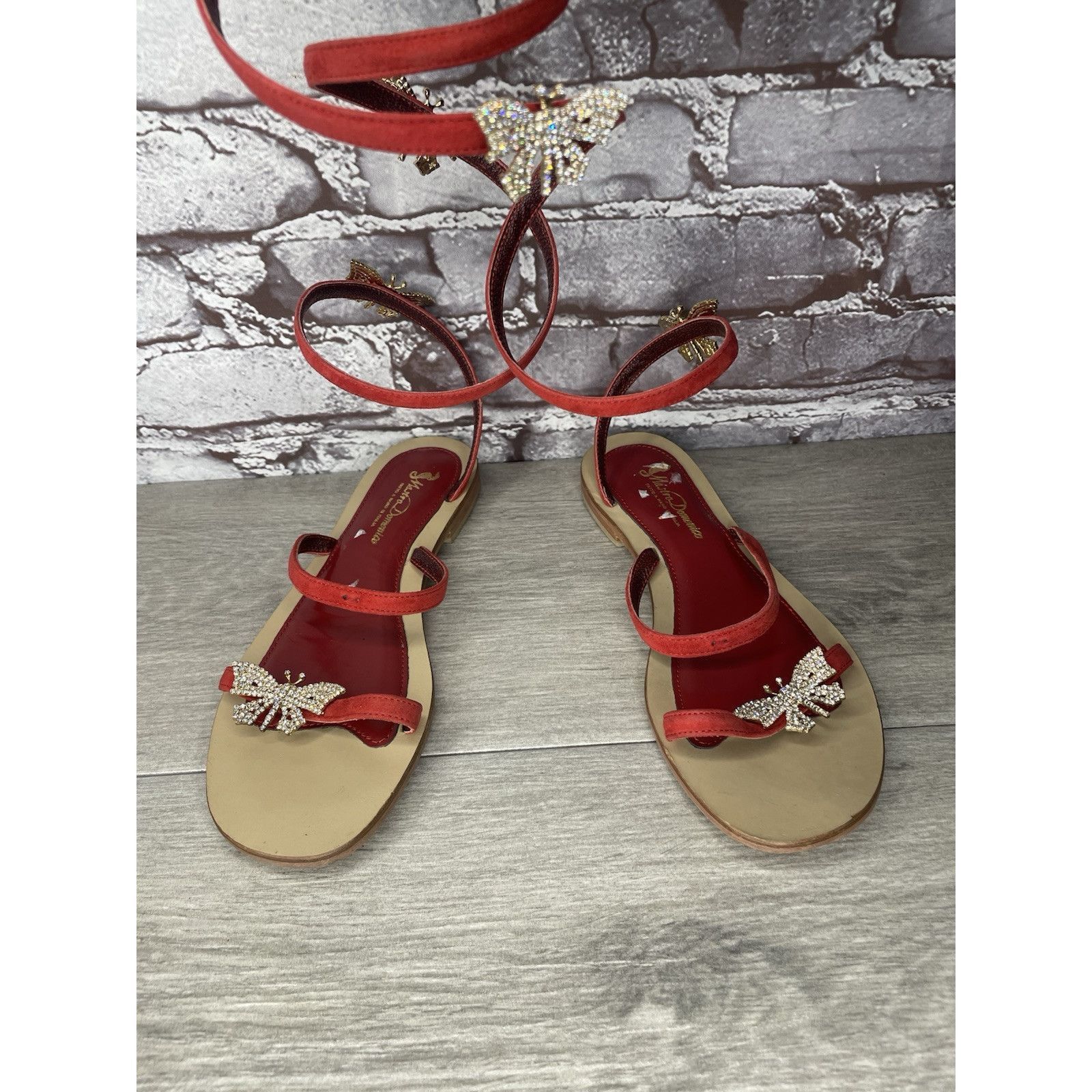 Other Mastro Domenico Red Leather Butterfly Rhinestone Wrap Around Size US 7.5 / IT 37.5 - 3 Thumbnail