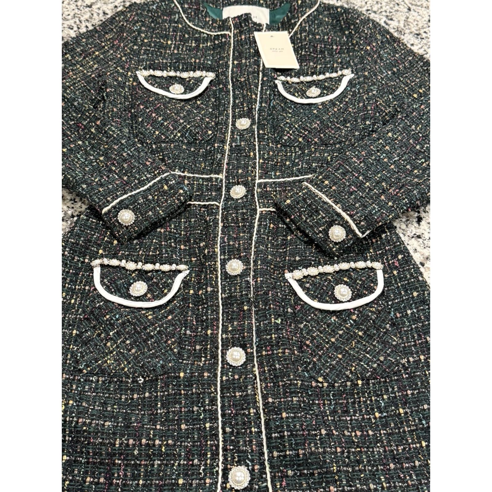 Vintage Sister Jane Dream Katarina Tweed Mini Sequin Dress Green M Womens Crew Neck Long Sleeve Party Cocktail Vintage-Inspired Old Money Size M / US 6-8 / IT 42-44 - 3 Thumbnail