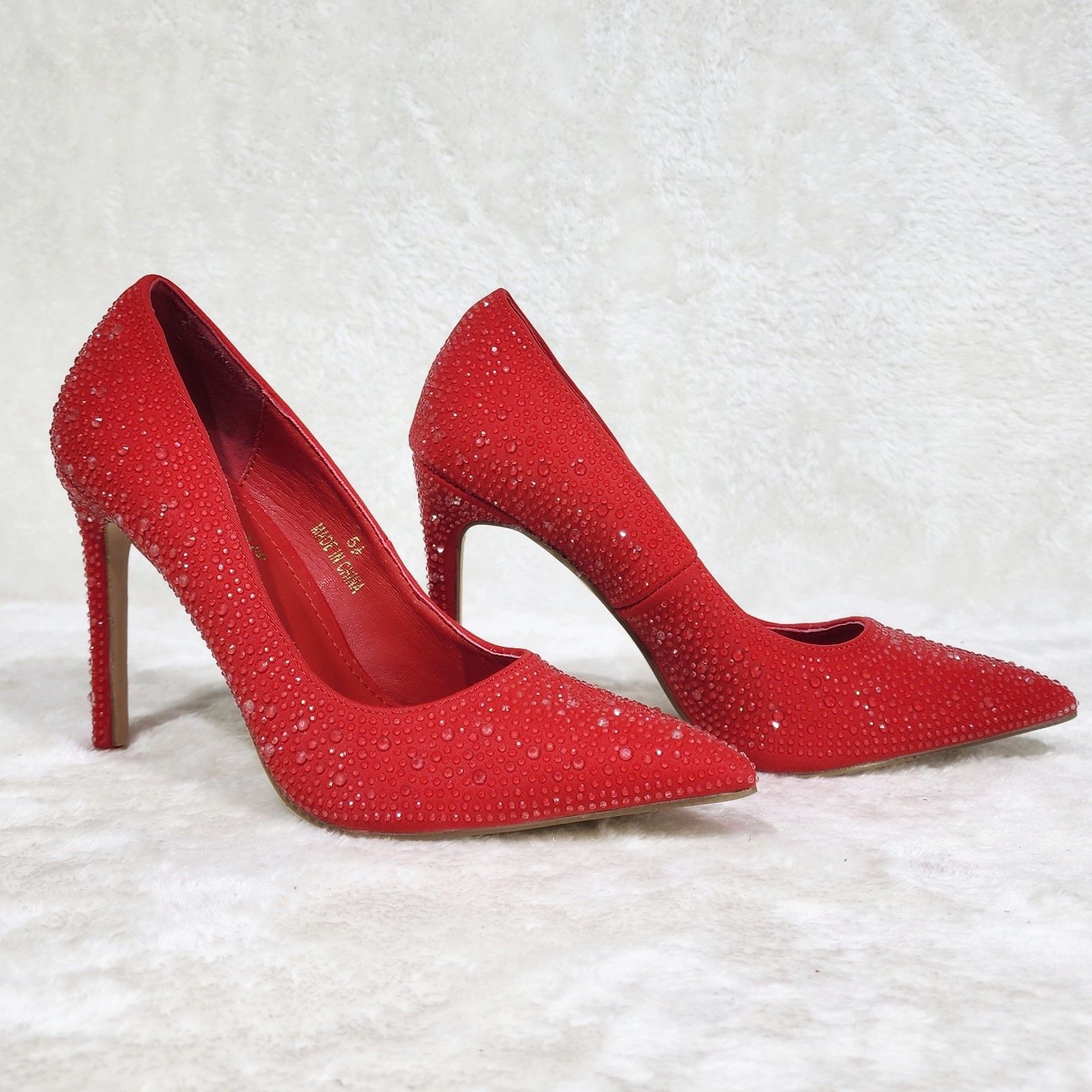 Other Bright Red High Heel Stiletto Pumps Rhinestones Party Shoes Size US 8 / IT 38 - 5 Thumbnail