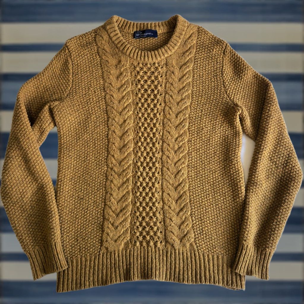 Gap GAP Crew Neck Sweater Men's Size Small Mustard Lambswool Cable Knit Pullover Size US S / EU 44-46 / 1 - 1 Thumbnail