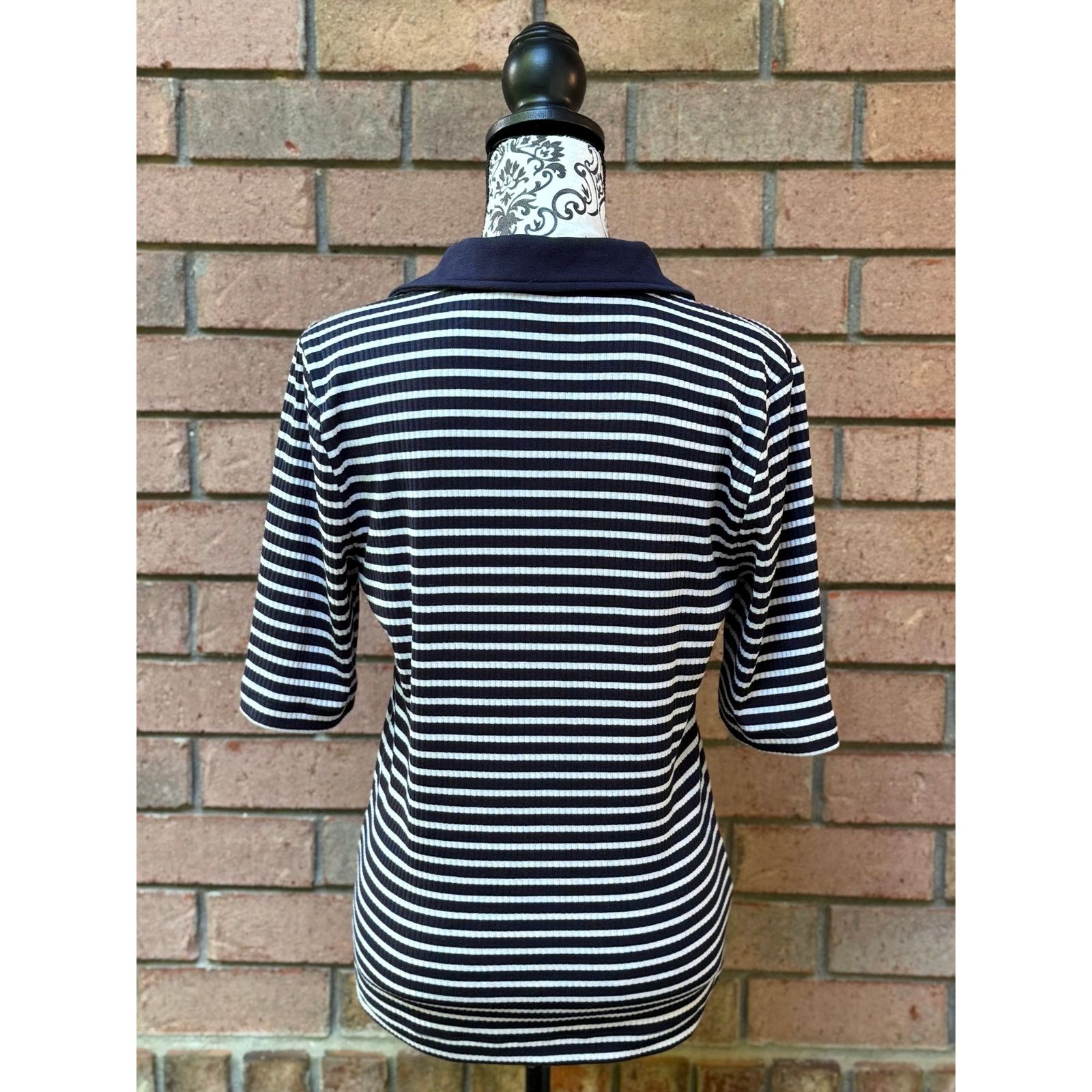 Loft EUC LOFT Women's Navy White Striped Collared Blouse Large Size L / US 10 / IT 46 - 3 Thumbnail