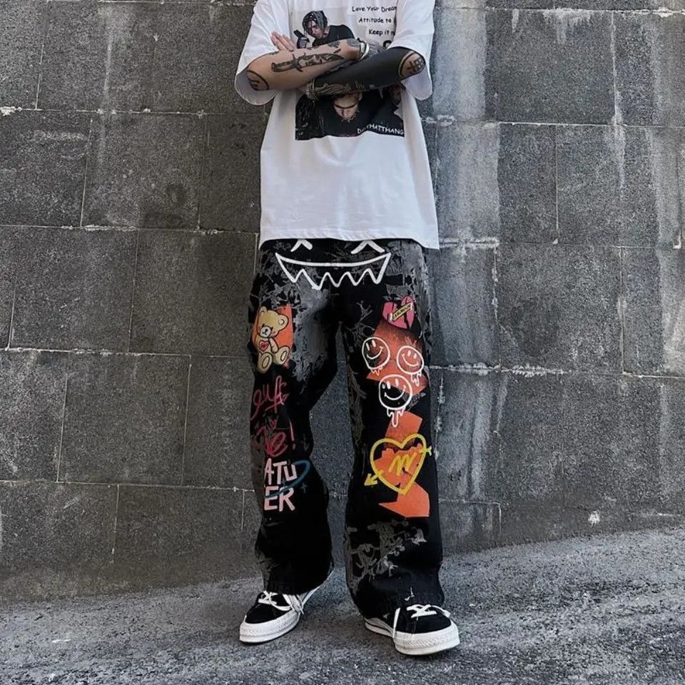 custom y2k retro paint graffiti straight pants loose denim