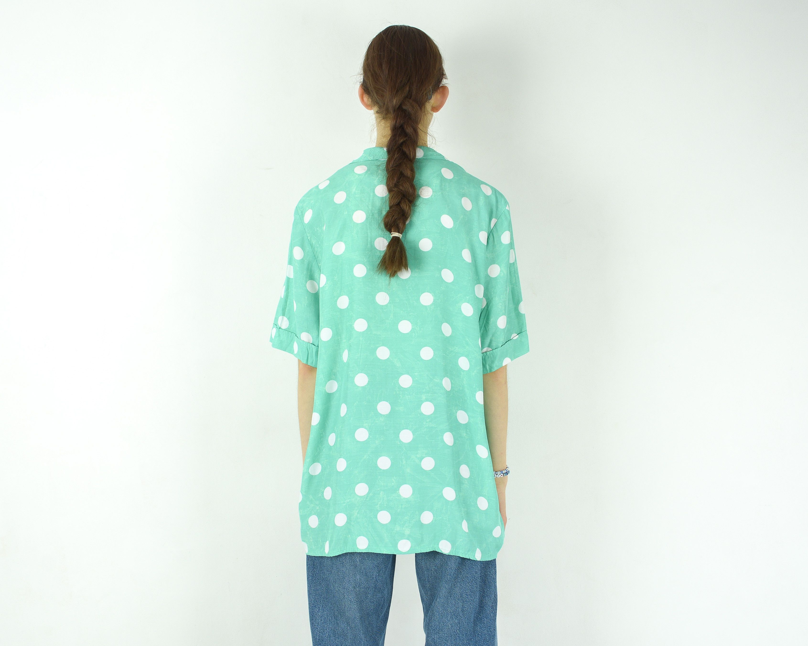 Vintage Polka Dot Button Up Shirt Blouse Short Sleeved V-Neck Top Size L / US 10 / IT 46 - 3 Thumbnail