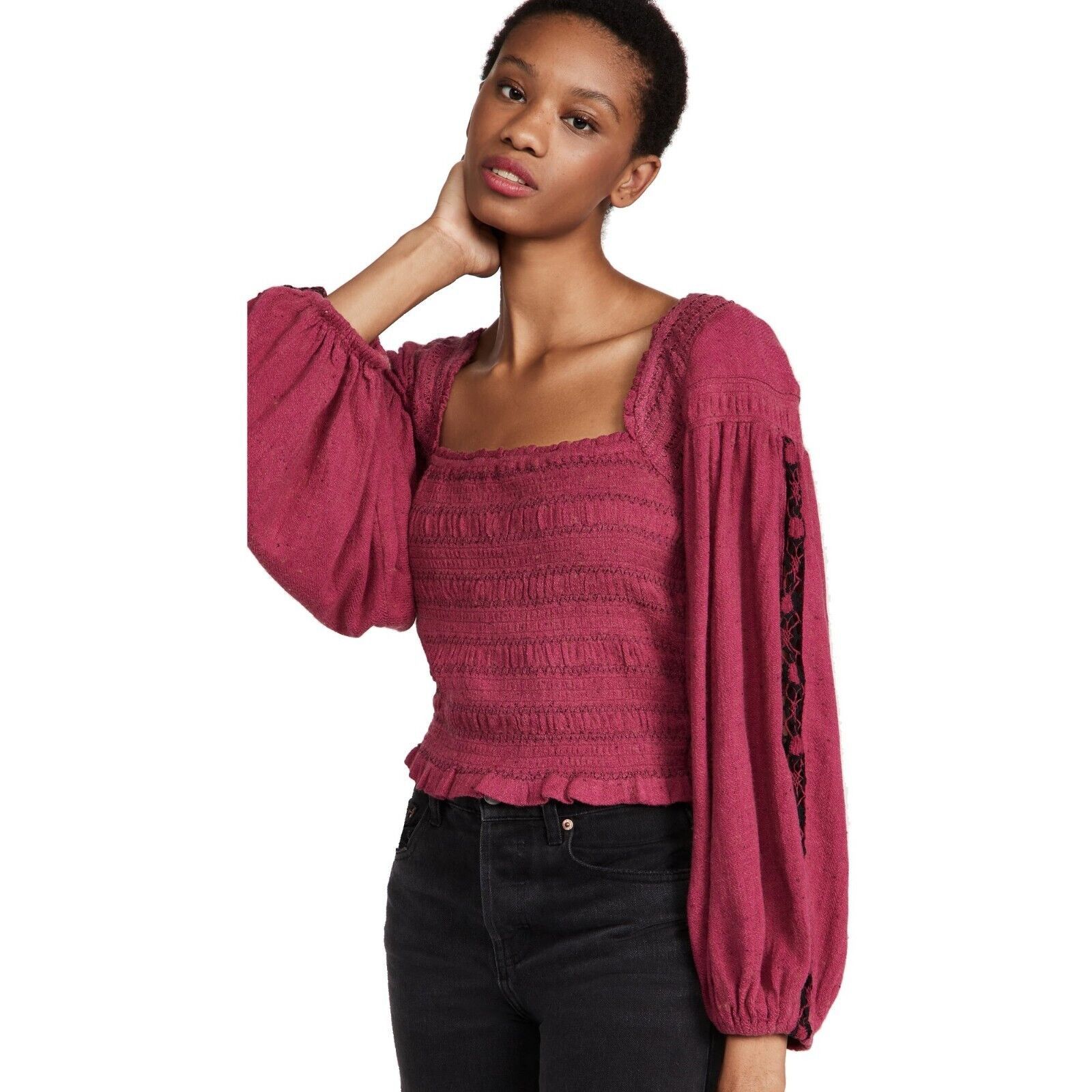 Free People Women Rose Peasant Sleeve Bohemian Top Size M