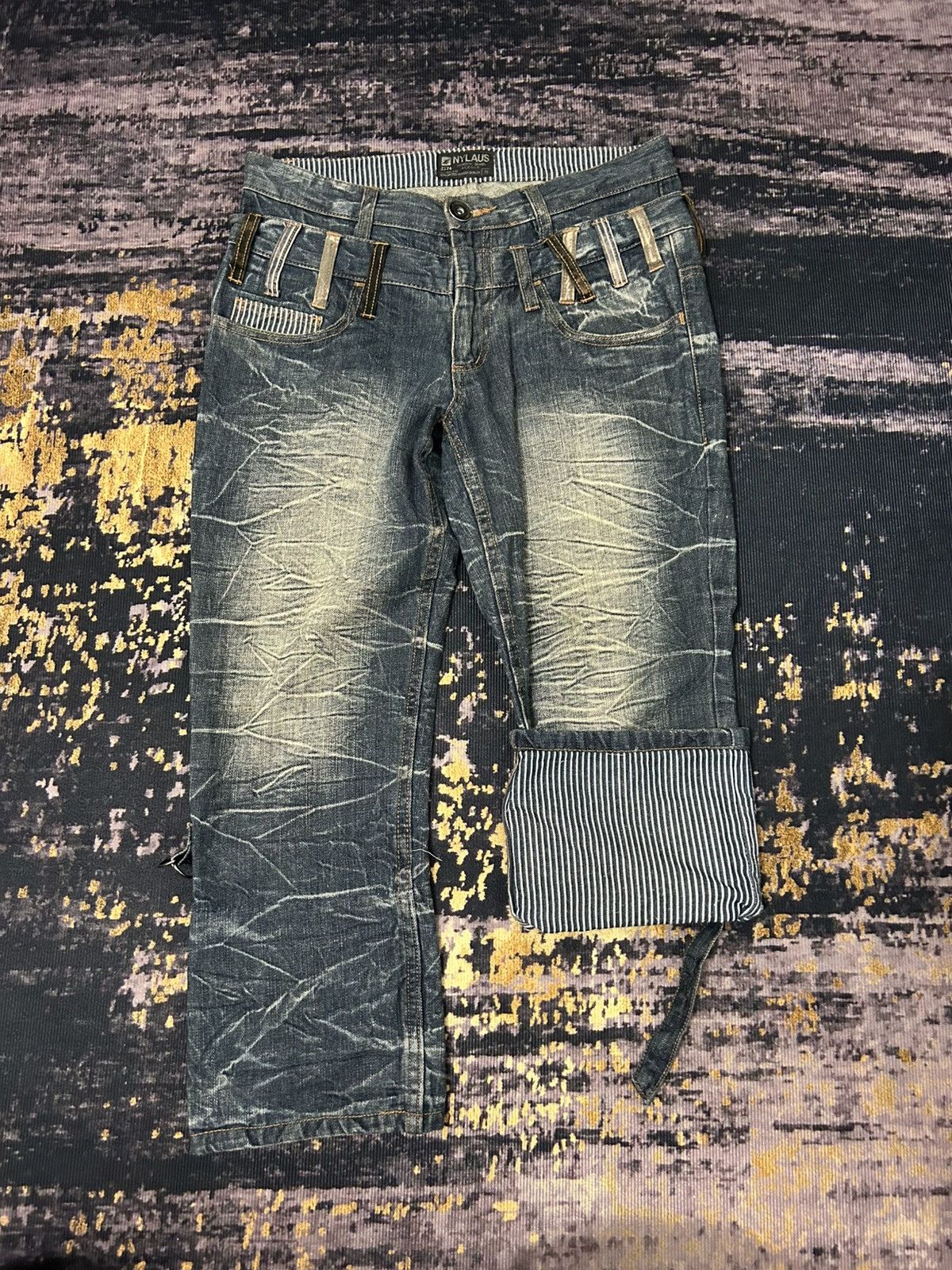 Japanese Brand NYLAUS Doublle Waist Mud Claw Mark Cropped Jeans Size US 31 - 5 Thumbnail
