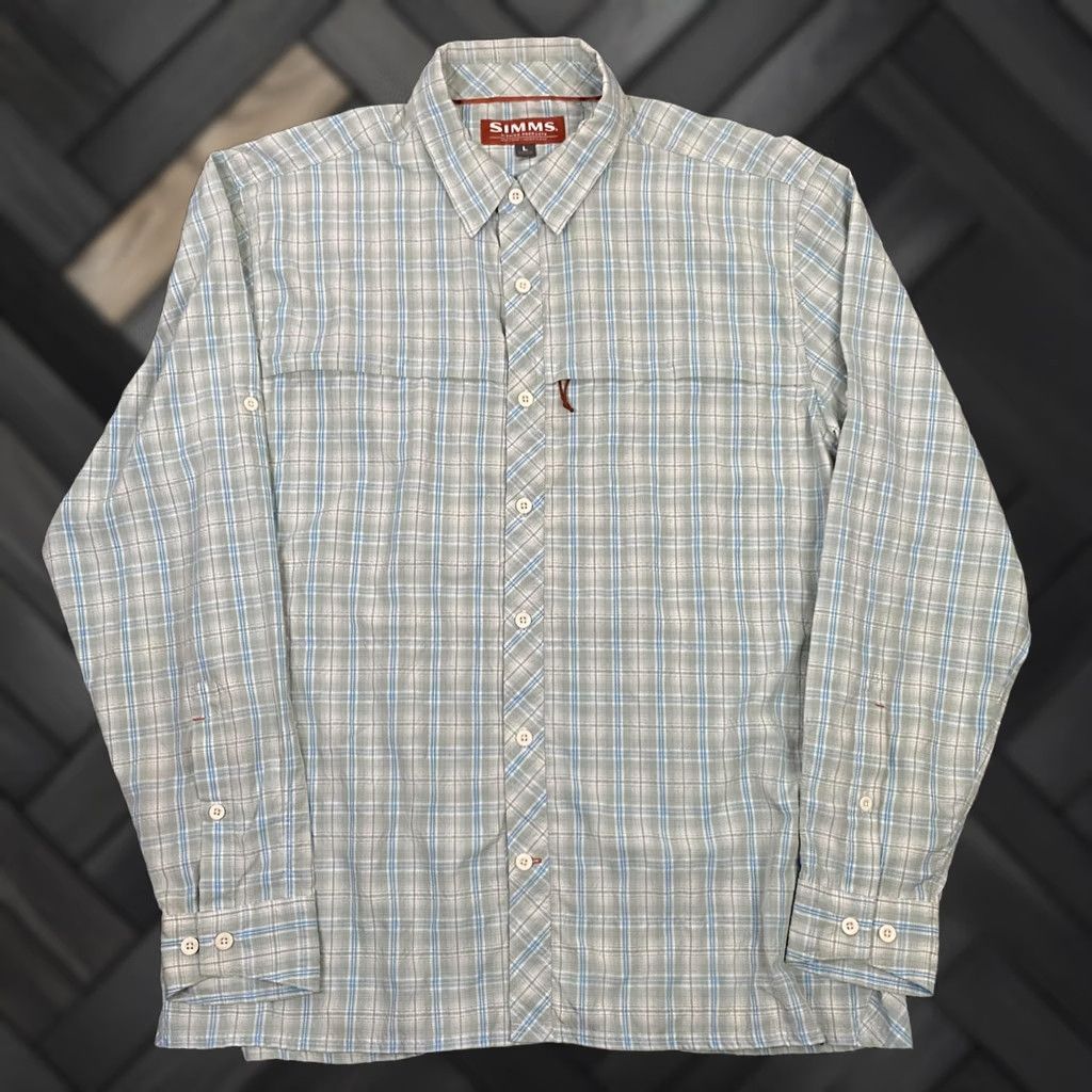 Simms Shirt Large Green Plaid Long Sleeve Button-Up Fishing Hike Upf Sun Protection Outdoor Mens, Men's