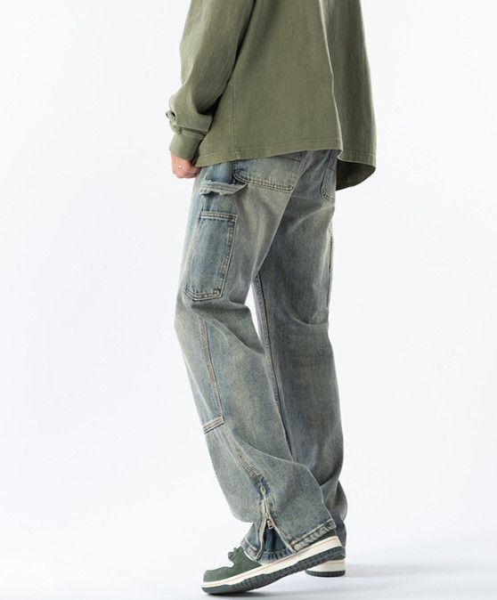 Japanese Brand Men's American Retro Loose Straight Leg Zipper Split Jeans Size US 32 / EU 48 - 5 Thumbnail