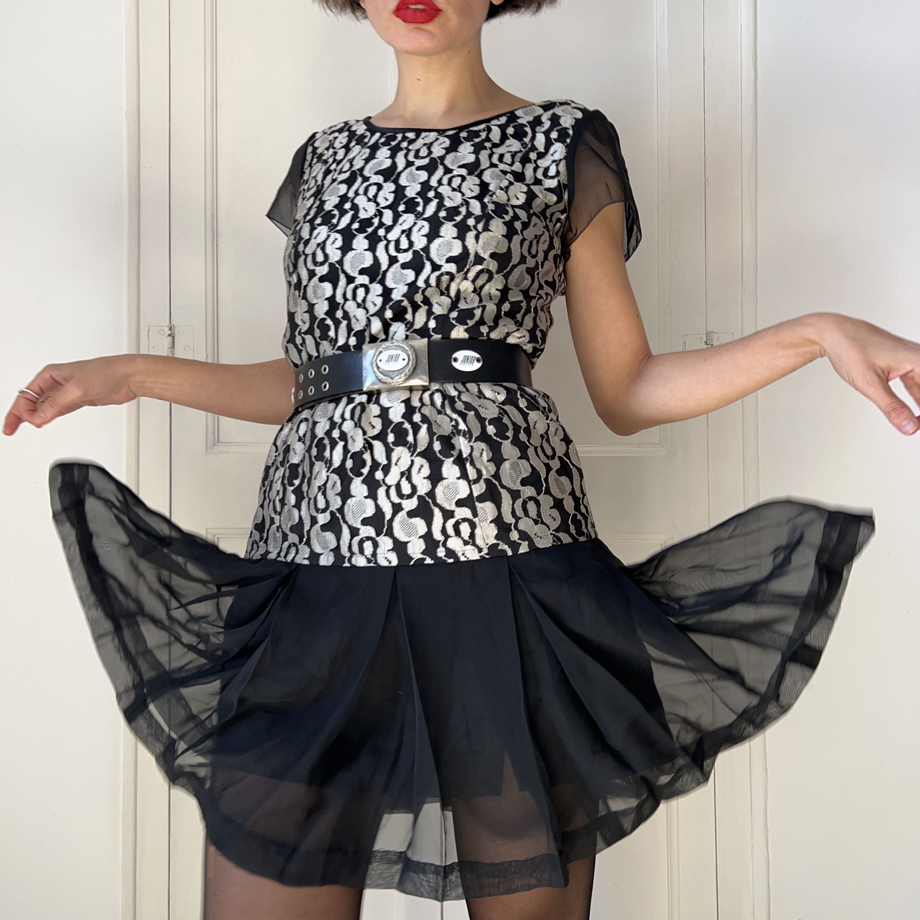 Vintage Vintage 90s Black Silver Lace Metallic Dress Size L / US 10 / IT 46 - 3 Thumbnail