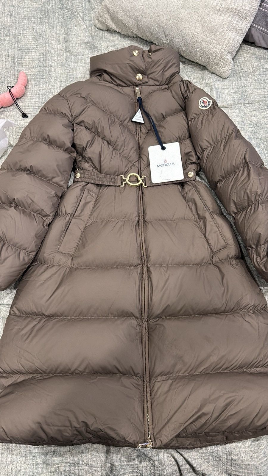 Moncler Long Down Puffer Coat Belted Taupe
