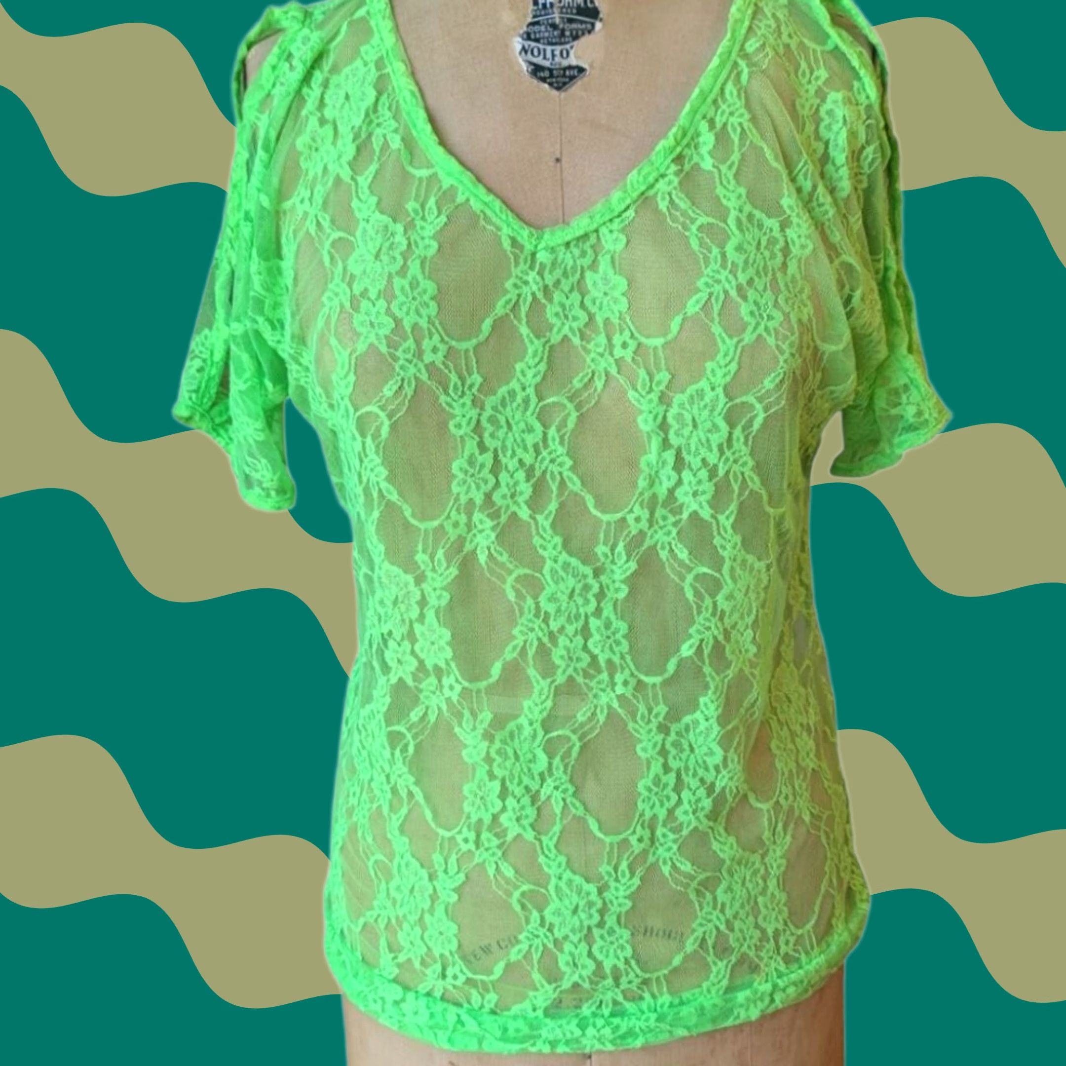 Vintage VINTAGE Deb Neon Green Sheer Lace Cold Shoulder Top Juniors Small Y2K Coquette Whimsigoth Womens Size S / US 4 / IT 40 - 1 Thumbnail