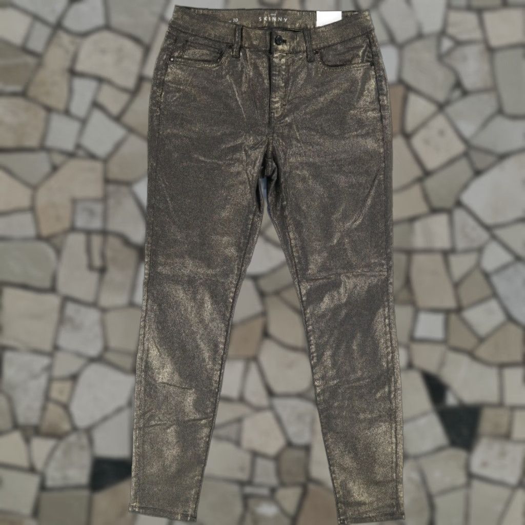 White House Black Market White House Black Market Foil Mid Rise Skinny Khaki Pants Gold Women's 10 Size 32" / US 10 / IT 46 - 1 Thumbnail