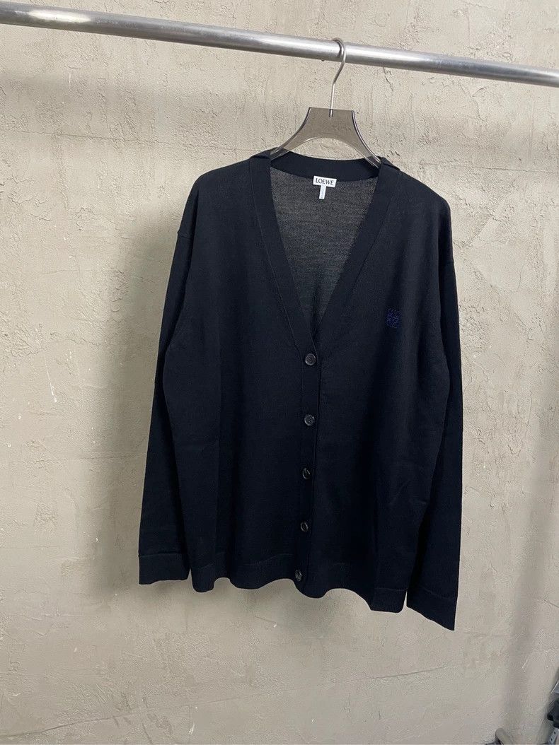 Loewe Black embroidered blue logo wool knit cardigan