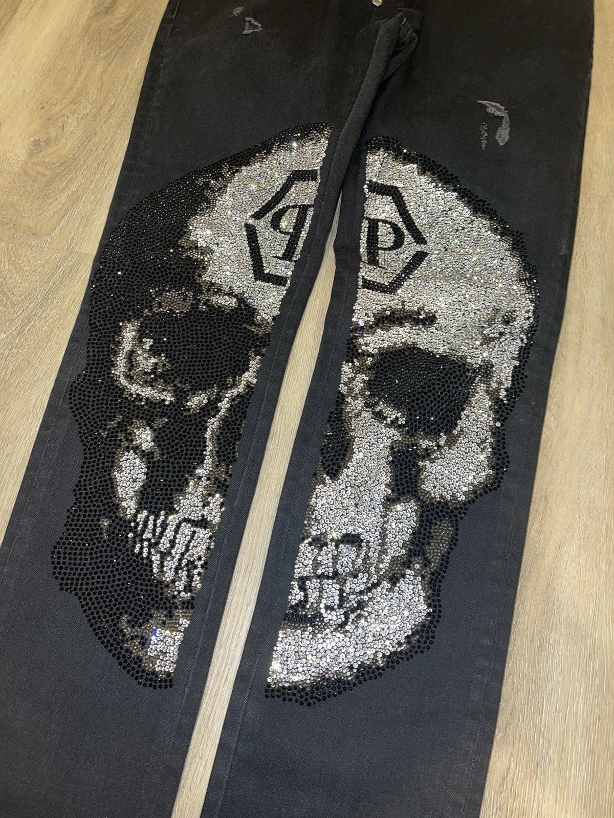 image of Philipp Plein Crystal Skull Denim in Black, Men's (Size 32)