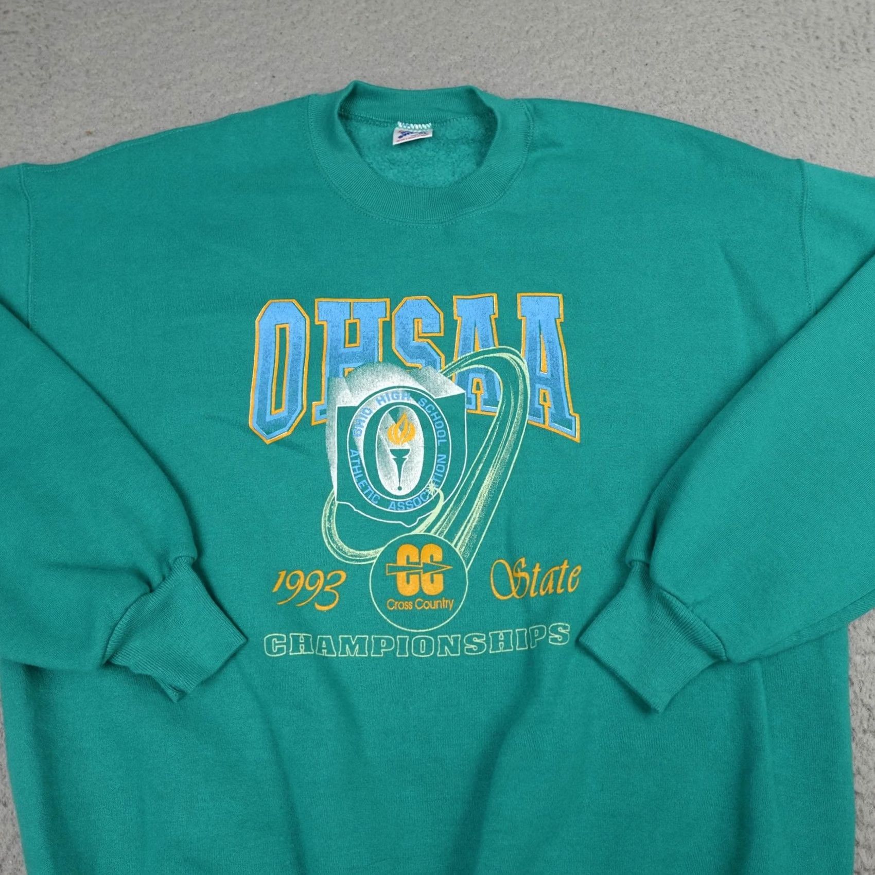 Jerzees VINTAGE Jerzees Sweatshirt Mens XL 1993 State Cross Country Championships Green 90s Cotton Polyester Fleece Graphic Print Pullover Crew Neck Ragged? Size US XL / EU 56 / 4 - 4 Thumbnail